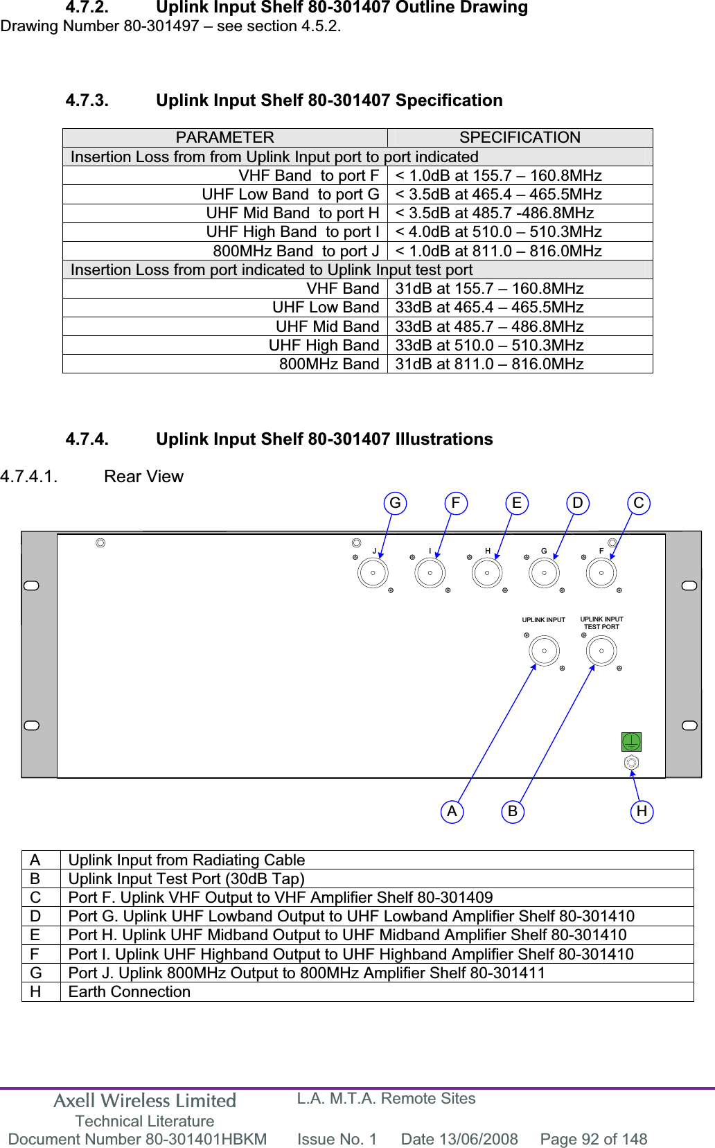 Axell Wireless Limited Technical Literature L.A. M.T.A. Remote Sites Document Number 80-301401HBKM  Issue No. 1  Date 13/06/2008  Page 92 of 148 UPLINK INPUT UPLINK INPUTTEST PORTFGHIJA B HCDEFG4.7.2.  Uplink Input Shelf 80-301407 Outline Drawing Drawing Number 80-301497 &ndash; see section 4.5.2. 4.7.3.  Uplink Input Shelf 80-301407 Specification PARAMETER SPECIFICATIONInsertion Loss from from Uplink Input port to port indicatedVHF Band  to port F < 1.0dB at 155.7 &ndash; 160.8MHz UHF Low Band  to port G < 3.5dB at 465.4 &ndash; 465.5MHz UHF Mid Band  to port H < 3.5dB at 485.7 -486.8MHz UHF High Band  to port I < 4.0dB at 510.0 &ndash; 510.3MHz 800MHz Band  to port J < 1.0dB at 811.0 &ndash; 816.0MHz  Insertion Loss from port indicated to Uplink Input test port VHF Band 31dB at 155.7 &ndash; 160.8MHz UHF Low Band 33dB at 465.4 &ndash; 465.5MHz UHF Mid Band 33dB at 485.7 &ndash; 486.8MHz UHF High Band 33dB at 510.0 &ndash; 510.3MHz 800MHz Band 31dB at 811.0 &ndash; 816.0MHz 4.7.4.  Uplink Input Shelf 80-301407 Illustrations 4.7.4.1. Rear View A  Uplink Input from Radiating Cable B  Uplink Input Test Port (30dB Tap) C  Port F. Uplink VHF Output to VHF Amplifier Shelf 80-301409 D  Port G. Uplink UHF Lowband Output to UHF Lowband Amplifier Shelf 80-301410 E  Port H. Uplink UHF Midband Output to UHF Midband Amplifier Shelf 80-301410 F  Port I. Uplink UHF Highband Output to UHF Highband Amplifier Shelf 80-301410 G  Port J. Uplink 800MHz Output to 800MHz Amplifier Shelf 80-301411 H Earth Connection 