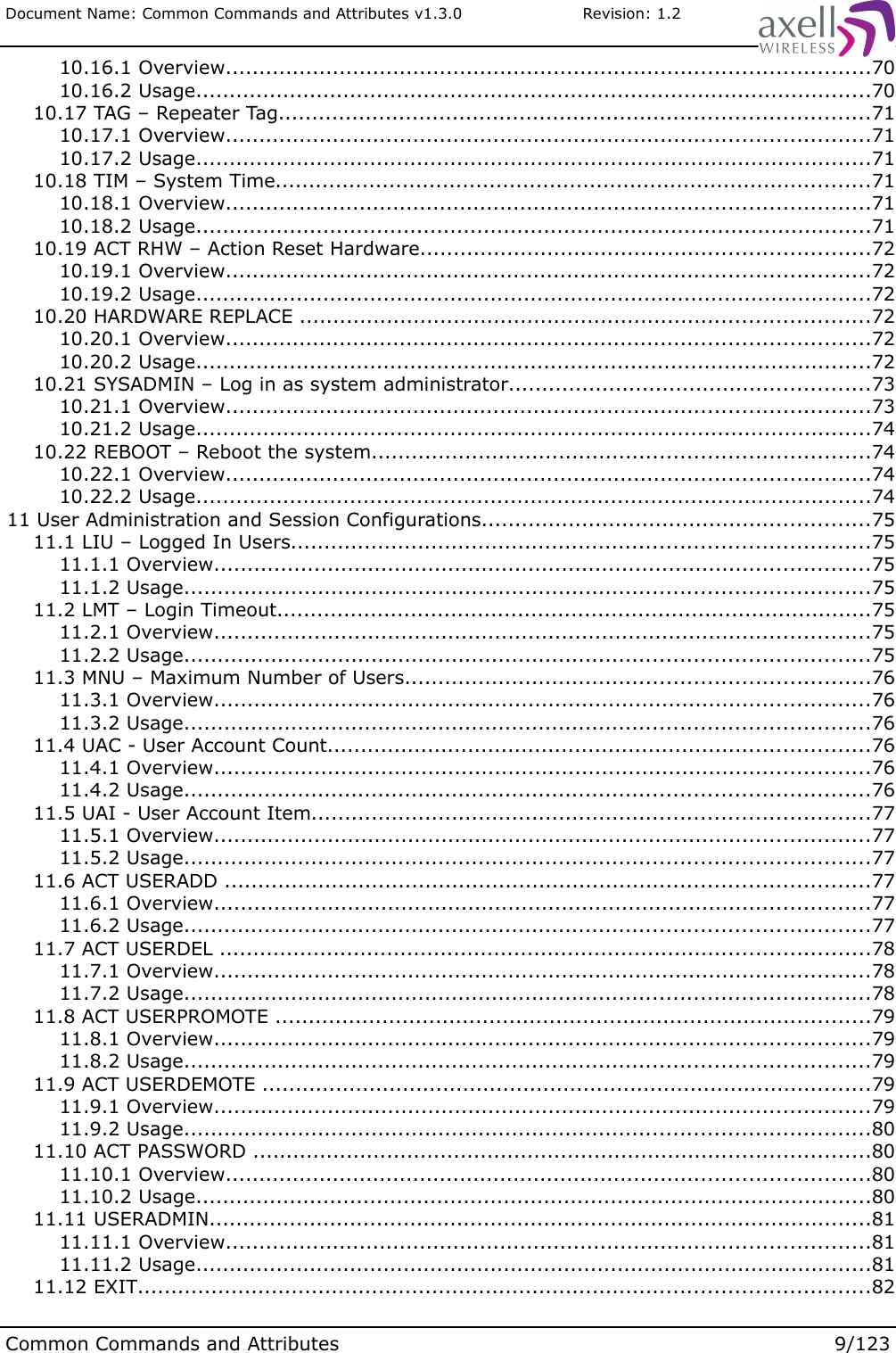 Document Name: Common Commands and Attributes v1.3.0                       Revision: 1.2 10.16.1 Overview................................................................................................70 10.16.2 Usage.....................................................................................................70 10.17 TAG – Repeater Tag........................................................................................71 10.17.1 Overview................................................................................................71 10.17.2 Usage.....................................................................................................71 10.18 TIM – System Time.........................................................................................71 10.18.1 Overview................................................................................................71 10.18.2 Usage.....................................................................................................71 10.19 ACT RHW – Action Reset Hardware...................................................................72 10.19.1 Overview................................................................................................72 10.19.2 Usage.....................................................................................................72 10.20 HARDWARE REPLACE .....................................................................................72 10.20.1 Overview................................................................................................72 10.20.2 Usage.....................................................................................................72 10.21 SYSADMIN – Log in as system administrator......................................................73 10.21.1 Overview................................................................................................73 10.21.2 Usage.....................................................................................................74 10.22 REBOOT – Reboot the system..........................................................................74 10.22.1 Overview................................................................................................74 10.22.2 Usage.....................................................................................................74 11 User Administration and Session Configurations..........................................................75 11.1 LIU – Logged In Users......................................................................................75 11.1.1 Overview..................................................................................................75 11.1.2 Usage......................................................................................................75 11.2 LMT – Login Timeout.........................................................................................75 11.2.1 Overview..................................................................................................75 11.2.2 Usage......................................................................................................75 11.3 MNU – Maximum Number of Users.....................................................................76 11.3.1 Overview..................................................................................................76 11.3.2 Usage......................................................................................................76 11.4 UAC - User Account Count.................................................................................76 11.4.1 Overview..................................................................................................76 11.4.2 Usage......................................................................................................76 11.5 UAI - User Account Item...................................................................................77 11.5.1 Overview..................................................................................................77 11.5.2 Usage......................................................................................................77 11.6 ACT USERADD ................................................................................................77 11.6.1 Overview..................................................................................................77 11.6.2 Usage......................................................................................................77 11.7 ACT USERDEL .................................................................................................78 11.7.1 Overview..................................................................................................78 11.7.2 Usage......................................................................................................78 11.8 ACT USERPROMOTE .........................................................................................79 11.8.1 Overview..................................................................................................79 11.8.2 Usage......................................................................................................79 11.9 ACT USERDEMOTE ...........................................................................................79 11.9.1 Overview..................................................................................................79 11.9.2 Usage......................................................................................................80 11.10 ACT PASSWORD ............................................................................................80 11.10.1 Overview................................................................................................80 11.10.2 Usage.....................................................................................................80 11.11 USERADMIN...................................................................................................81 11.11.1 Overview................................................................................................81 11.11.2 Usage.....................................................................................................81 11.12 EXIT.............................................................................................................82Common Commands and Attributes 9/123
