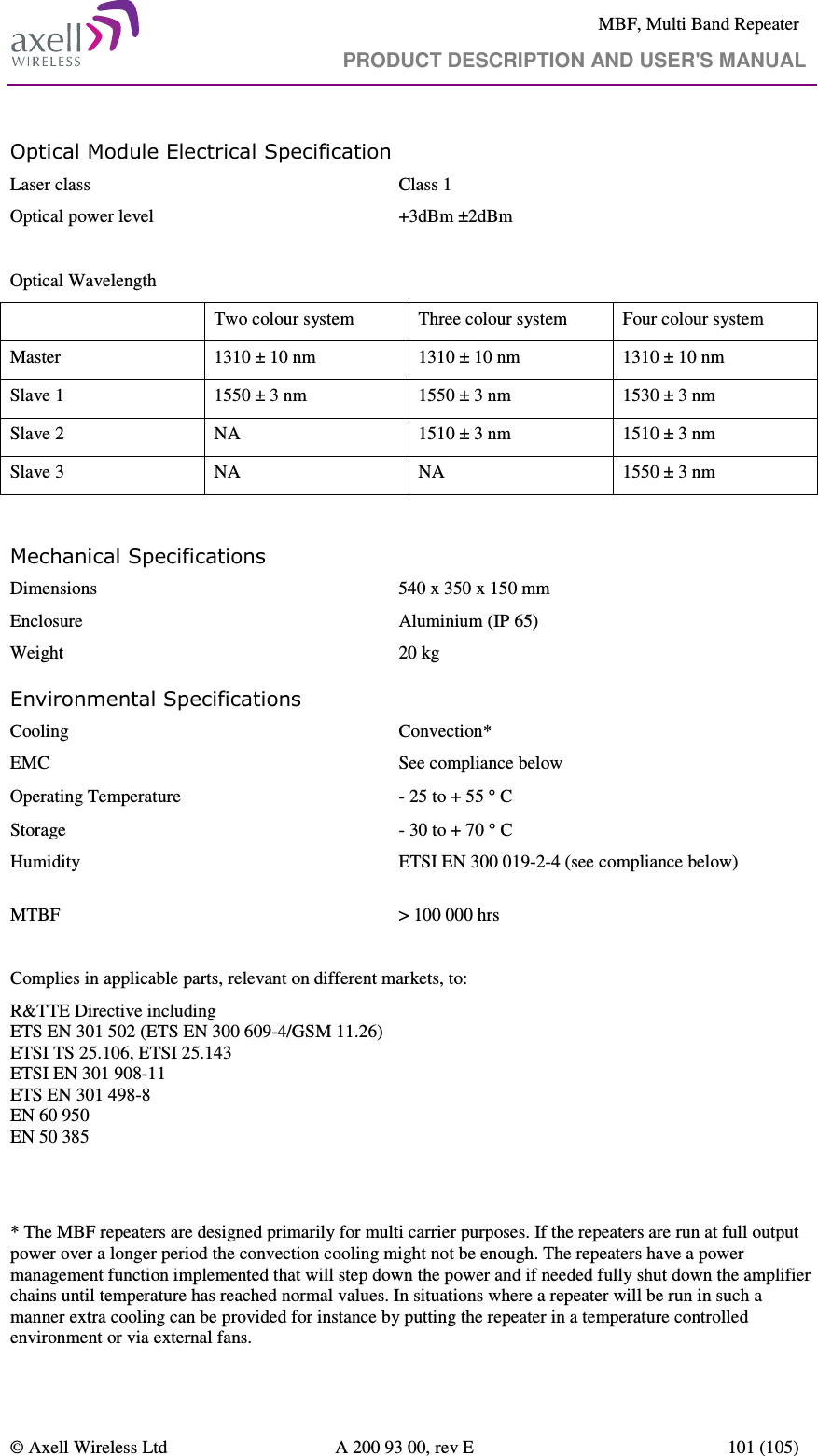     MBF, Multi Band Repeater                                     PRODUCT DESCRIPTION AND USER&apos;S MANUAL   © Axell Wireless Ltd  A 200 93 00, rev E  101 (105)  Optical Module Electrical Specification  Laser class  Class 1 Optical power level   +3dBm ±2dBm  Optical Wavelength   Two colour system  Three colour system  Four colour system Master  1310 ± 10 nm  1310 ± 10 nm  1310 ± 10 nm Slave 1  1550 ± 3 nm  1550 ± 3 nm  1530 ± 3 nm Slave 2  NA  1510 ± 3 nm  1510 ± 3 nm Slave 3  NA  NA  1550 ± 3 nm     Mechanical Specifications Dimensions   540 x 350 x 150 mm Enclosure  Aluminium (IP 65) Weight   20 kg Environmental Specifications Cooling  Convection* EMC   See compliance below  Operating Temperature  - 25 to + 55 ° C Storage   - 30 to + 70 ° C Humidity  ETSI EN 300 019-2-4 (see compliance below)      MTBF   &gt; 100 000 hrs  Complies in applicable parts, relevant on different markets, to: R&amp;TTE Directive including ETS EN 301 502 (ETS EN 300 609-4/GSM 11.26) ETSI TS 25.106, ETSI 25.143 ETSI EN 301 908-11 ETS EN 301 498-8 EN 60 950 EN 50 385      * The MBF repeaters are designed primarily for multi carrier purposes. If the repeaters are run at full output power over a longer period the convection cooling might not be enough. The repeaters have a power management function implemented that will step down the power and if needed fully shut down the amplifier chains until temperature has reached normal values. In situations where a repeater will be run in such a manner extra cooling can be provided for instance by putting the repeater in a temperature controlled environment or via external fans.   