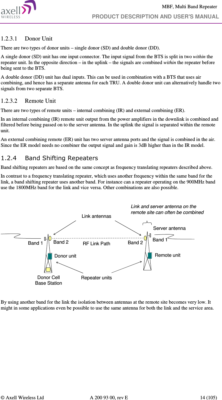     MBF, Multi Band Repeater                                     PRODUCT DESCRIPTION AND USER&apos;S MANUAL   © Axell Wireless Ltd  A 200 93 00, rev E  14 (105)  1.2.3.1 Donor Unit There are two types of donor units – single donor (SD) and double donor (DD).  A single donor (SD) unit has one input connector. The input signal from the BTS is split in two within the repeater unit. In the opposite direction – in the uplink – the signals are combined within the repeater before being sent to the BTS. A double donor (DD) unit has dual inputs. This can be used in combination with a BTS that uses air combining, and hence has a separate antenna for each TRU. A double donor unit can alternatively handle two signals from two separate BTS. 1.2.3.2 Remote Unit There are two types of remote units – internal combining (IR) and external combining (ER). In an internal combining (IR) remote unit output from the power amplifiers in the downlink is combined and filtered before being passed on to the server antenna. In the uplink the signal is separated within the remote unit. An external combining remote (ER) unit has two server antenna ports and the signal is combined in the air. Since the ER model needs no combiner the output signal and gain is 3dB higher than in the IR model. 1.2.4 Band Shifting Repeaters Band shifting repeaters are based on the same concept as frequency translating repeaters described above.  In contrast to a frequency translating repeater, which uses another frequency within the same band for the link, a band shifting repeater uses another band. For instance can a repeater operating on the 900MHz band use the 1800MHz band for the link and vice versa. Other combinations are also possible.  Donor Cell Base StationRemote unitServer antennaBand 2 Band 2 Band 1Donor unitRF Link PathBand 1Link antennasRepeater unitsLink and server antenna on the remote site can often be combined  By using another band for the link the isolation between antennas at the remote site becomes very low. It might in some applications even be possible to use the same antenna for both the link and the service area. 