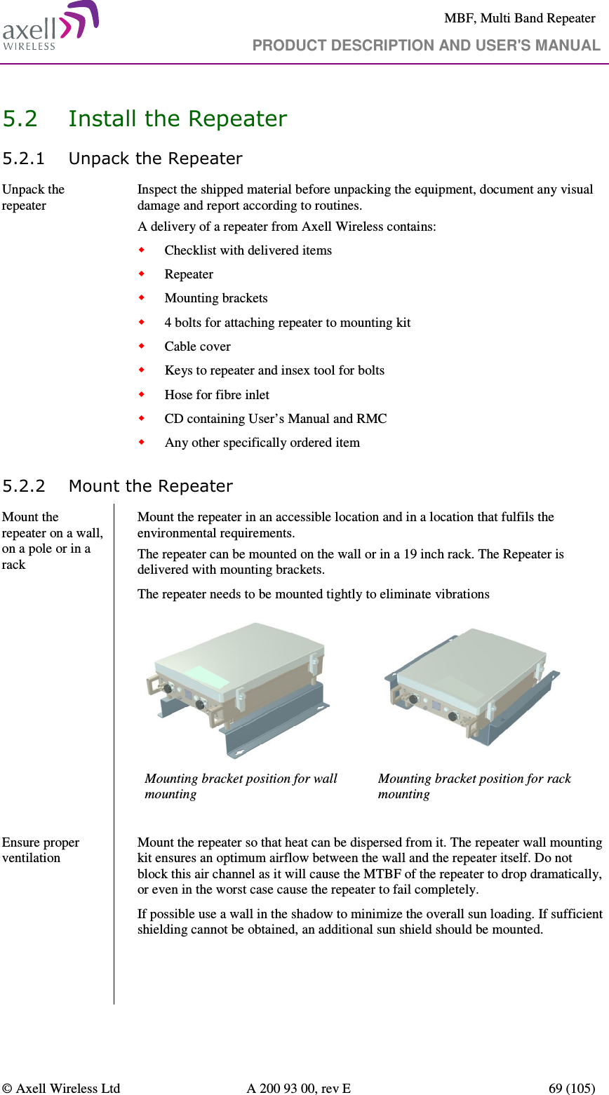     MBF, Multi Band Repeater                                     PRODUCT DESCRIPTION AND USER&apos;S MANUAL   © Axell Wireless Ltd  A 200 93 00, rev E  69 (105)  5.2 Install the Repeater 5.2.1 Unpack the Repeater Unpack the repeater   Inspect the shipped material before unpacking the equipment, document any visual damage and report according to routines. A delivery of a repeater from Axell Wireless contains:  Checklist with delivered items  Repeater  Mounting brackets  4 bolts for attaching repeater to mounting kit  Cable cover  Keys to repeater and insex tool for bolts  Hose for fibre inlet  CD containing User’s Manual and RMC  Any other specifically ordered item 5.2.2 Mount the Repeater  Mount the repeater on a wall, on a pole or in a rack           Mount the repeater in an accessible location and in a location that fulfils the environmental requirements.  The repeater can be mounted on the wall or in a 19 inch rack. The Repeater is delivered with mounting brackets.  The repeater needs to be mounted tightly to eliminate vibrations   Mounting bracket position for wall mounting Mounting bracket position for rack mounting     Ensure proper ventilation    Mount the repeater so that heat can be dispersed from it. The repeater wall mounting kit ensures an optimum airflow between the wall and the repeater itself. Do not block this air channel as it will cause the MTBF of the repeater to drop dramatically, or even in the worst case cause the repeater to fail completely.  If possible use a wall in the shadow to minimize the overall sun loading. If sufficient shielding cannot be obtained, an additional sun shield should be mounted.  