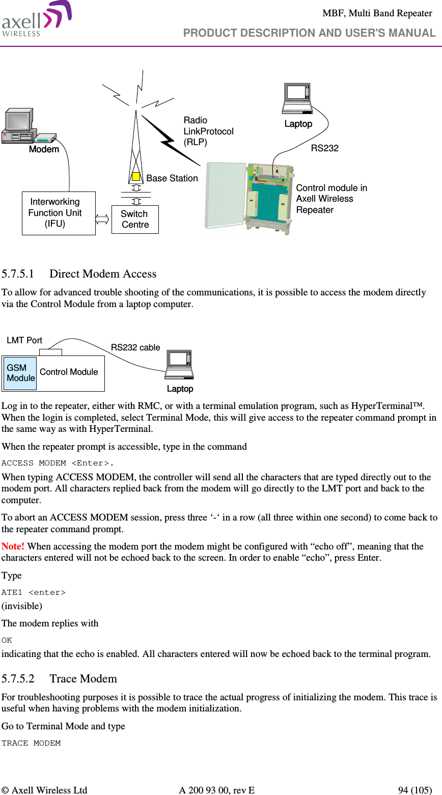     MBF, Multi Band Repeater                                     PRODUCT DESCRIPTION AND USER&apos;S MANUAL   © Axell Wireless Ltd  A 200 93 00, rev E  94 (105)  Radio LinkProtocol(RLP)Base StationLaptopLaptopControl module in Axell Wireless  RepeaterSwitch CentreModemModem RS232InterworkingFunction Unit(IFU)  5.7.5.1 Direct Modem Access To allow for advanced trouble shooting of the communications, it is possible to access the modem directly via the Control Module from a laptop computer.   LaptopLaptopRS232 cableControl ModuleGSM ModuleLMT Port Log in to the repeater, either with RMC, or with a terminal emulation program, such as HyperTerminal™. When the login is completed, select Terminal Mode, this will give access to the repeater command prompt in the same way as with HyperTerminal. When the repeater prompt is accessible, type in the command  ACCESS MODEM &lt;Enter&gt;.  When typing ACCESS MODEM, the controller will send all the characters that are typed directly out to the modem port. All characters replied back from the modem will go directly to the LMT port and back to the computer. To abort an ACCESS MODEM session, press three ‘-‘ in a row (all three within one second) to come back to the repeater command prompt. Note! When accessing the modem port the modem might be configured with “echo off”, meaning that the characters entered will not be echoed back to the screen. In order to enable “echo”, press Enter.  Type  ATE1 &lt;enter&gt; (invisible)  The modem replies with OK indicating that the echo is enabled. All characters entered will now be echoed back to the terminal program. 5.7.5.2 Trace Modem For troubleshooting purposes it is possible to trace the actual progress of initializing the modem. This trace is useful when having problems with the modem initialization. Go to Terminal Mode and type TRACE MODEM  