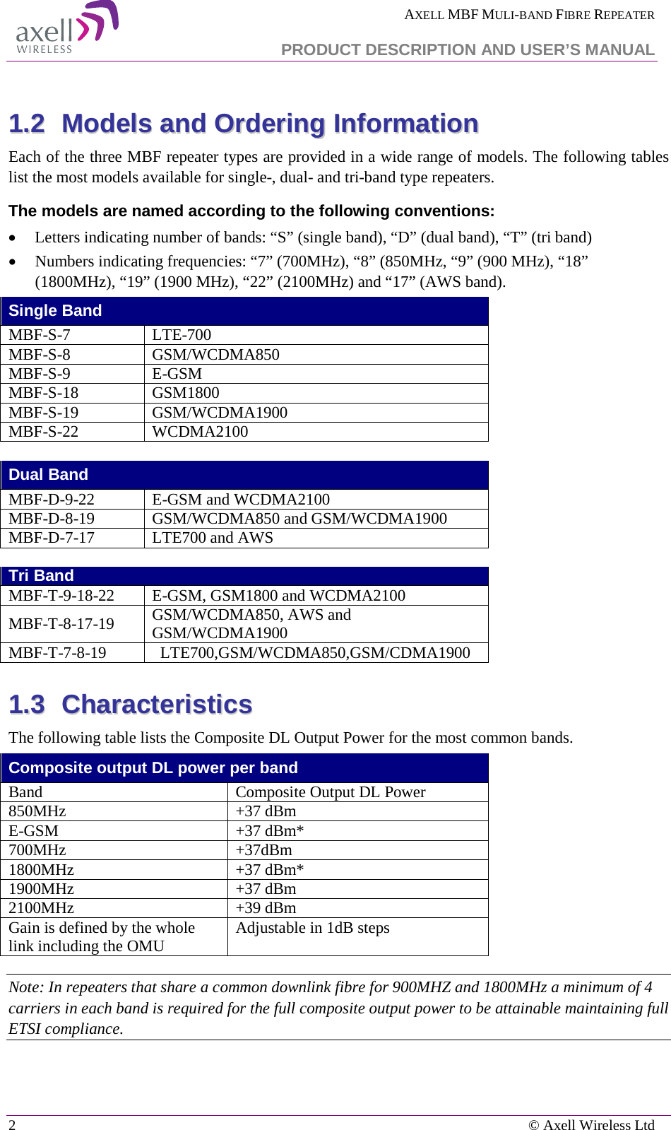  AXELL MBF MULI-BAND FIBRE REPEATER   PRODUCT DESCRIPTION AND USER’S MANUAL 2    © Axell Wireless Ltd  11..22  MMooddeellss  aanndd  OOrrddeerriinngg  IInnffoorrmmaattiioonn  Each of the three MBF repeater types are provided in a wide range of models. The following tables list the most models available for single-, dual- and tri-band type repeaters. The models are named according to the following conventions: • Letters indicating number of bands: “S” (single band), “D” (dual band), “T” (tri band) • Numbers indicating frequencies: “7” (700MHz), “8” (850MHz, “9” (900 MHz), “18” (1800MHz), “19” (1900 MHz), “22” (2100MHz) and “17” (AWS band). Single Band MBF-S-7 LTE-700 MBF-S-8  GSM/WCDMA850 MBF-S-9 E-GSM MBF-S-18 GSM1800 MBF-S-19 GSM/WCDMA1900 MBF-S-22 WCDMA2100  Dual Band MBF-D-9-22 E-GSM and WCDMA2100 MBF-D-8-19 GSM/WCDMA850 and GSM/WCDMA1900 MBF-D-7-17 LTE700 and AWS  Tri Band MBF-T-9-18-22 E-GSM, GSM1800 and WCDMA2100 MBF-T-8-17-19 GSM/WCDMA850, AWS and GSM/WCDMA1900 MBF-T-7-8-19   LTE700,GSM/WCDMA850,GSM/CDMA1900 11..33  CChhaarraacctteerriissttiiccss  The following table lists the Composite DL Output Power for the most common bands. Composite output DL power per band Band Composite Output DL Power   850MHz +37 dBm E-GSM   +37 dBm* 700MHz +37dBm 1800MHz +37 dBm* 1900MHz +37 dBm 2100MHz +39 dBm Gain is defined by the whole link including the OMU Adjustable in 1dB steps Note: In repeaters that share a common downlink fibre for 900MHZ and 1800MHz a minimum of 4 carriers in each band is required for the full composite output power to be attainable maintaining full ETSI compliance.  