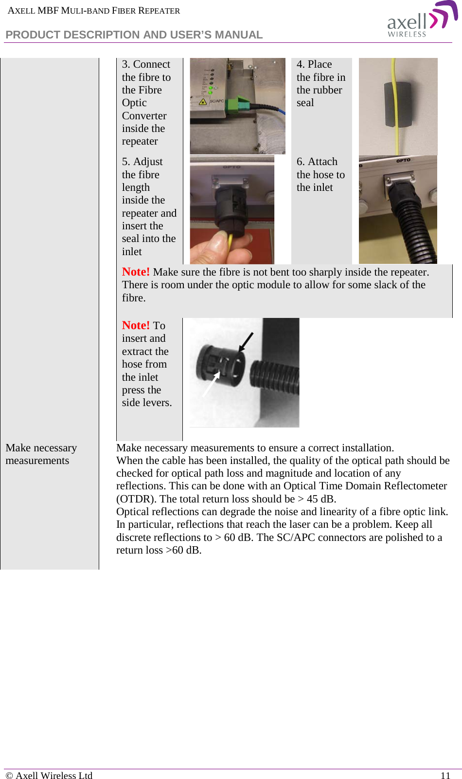  AXELL MBF MULI-BAND FIBER REPEATER PRODUCT DESCRIPTION AND USER’S MANUAL   © Axell Wireless Ltd    11 3. Connect the fibre to the Fibre Optic Converter inside the repeater  4. Place the fibre in the rubber seal  5. Adjust the fibre length inside the repeater and insert the seal into the inlet  6. Attach the hose to the inlet  Note! Make sure the fibre is not bent too sharply inside the repeater. There is room under the optic module to allow for some slack of the fibre.  Note! To insert and extract the hose from the inlet press the side levers.     Make necessary measurements  Make necessary measurements to ensure a correct installation.  When the cable has been installed, the quality of the optical path should be checked for optical path loss and magnitude and location of any reflections. This can be done with an Optical Time Domain Reflectometer (OTDR). The total return loss should be &gt; 45 dB. Optical reflections can degrade the noise and linearity of a fibre optic link. In particular, reflections that reach the laser can be a problem. Keep all discrete reflections to &gt; 60 dB. The SC/APC connectors are polished to a return loss &gt;60 dB.      