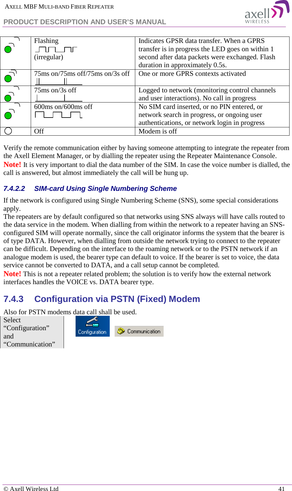  AXELL MBF MULI-BAND FIBER REPEATER PRODUCT DESCRIPTION AND USER’S MANUAL   © Axell Wireless Ltd    41  Flashing  (irregular) Indicates GPSR data transfer. When a GPRS transfer is in progress the LED goes on within 1 second after data packets were exchanged. Flash duration in approximately 0.5s.  75ms on/75ms off/75ms on/3s off  One or more GPRS contexts activated  75ms on/3s off  Logged to network (monitoring control channels and user interactions). No call in progress  600ms on/600ms off  No SIM card inserted, or no PIN entered, or network search in progress, or ongoing user authentications, or network login in progress  Off Modem is off  Verify the remote communication either by having someone attempting to integrate the repeater from the Axell Element Manager, or by dialling the repeater using the Repeater Maintenance Console.  Note! It is very important to dial the data number of the SIM. In case the voice number is dialled, the call is answered, but almost immediately the call will be hung up. 7.4.2.2  SIM-card Using Single Numbering Scheme If the network is configured using Single Numbering Scheme (SNS), some special considerations apply. The repeaters are by default configured so that networks using SNS always will have calls routed to the data service in the modem. When dialling from within the network to a repeater having an SNS-configured SIM will operate normally, since the call originator informs the system that the bearer is of type DATA. However, when dialling from outside the network trying to connect to the repeater can be difficult. Depending on the interface to the roaming network or to the PSTN network if an analogue modem is used, the bearer type can default to voice. If the bearer is set to voice, the data service cannot be converted to DATA, and a call setup cannot be completed.  Note! This is not a repeater related problem; the solution is to verify how the external network interfaces handles the VOICE vs. DATA bearer type. 7.4.3  Configuration via PSTN (Fixed) Modem Also for PSTN modems data call shall be used.  Select “Configuration” and “Communication”         