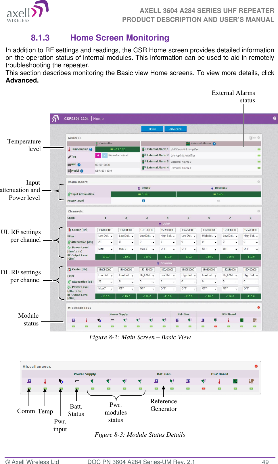AXELL 3604 A284 SERIES UHF REPEATER PRODUCT DESCRIPTION AND USER’S MANUAL  © Axell Wireless Ltd  DOC PN 3604 A284 Series-UM Rev. 2.1  49 8.1.3  Home Screen Monitoring In addition to RF settings and readings, the CSR Home screen provides detailed information on the operation status of internal modules. This information can be used to aid in remotely troubleshooting the repeater.  This section describes monitoring the Basic view Home screens. To view more details, click Advanced.                    Figure 8-2: Main Screen – Basic View      Figure 8-3: Module Status Details Temperature  level  Input attenuation and Power level  Module status  External Alarms  status Comm Temp Pwr. input Batt. Status Pwr. modules status Reference Generator UL RF settings per channel  DL RF settings per channel  