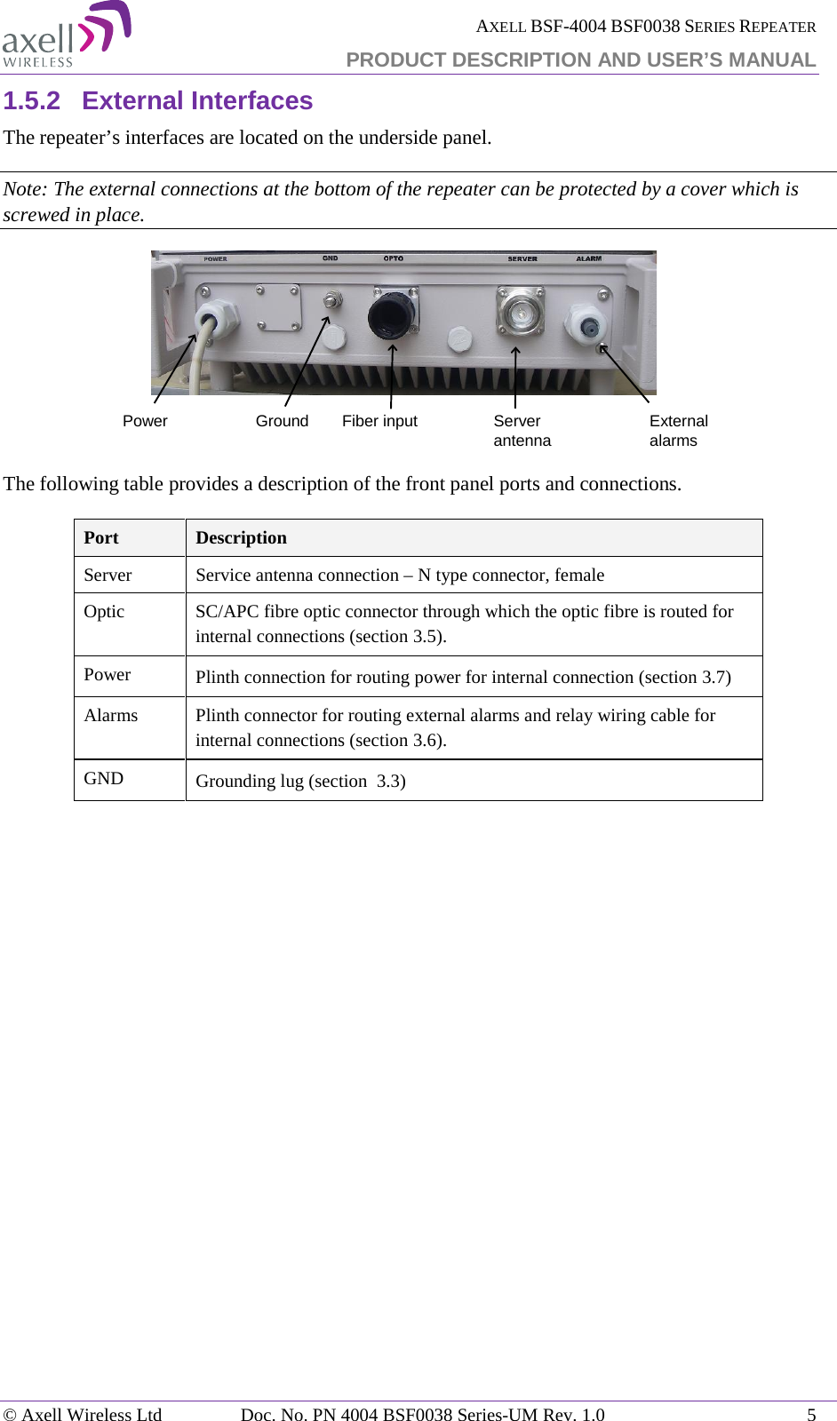  AXELL BSF-4004 BSF0038 SERIES REPEATER PRODUCT DESCRIPTION AND USER’S MANUAL  1.5.2 External Interfaces The repeater’s interfaces are located on the underside panel.   Note: The external connections at the bottom of the repeater can be protected by a cover which is screwed in place.  The following table provides a description of the front panel ports and connections.  Port Description Server Service antenna connection – N type connector, female Optic SC/APC fibre optic connector through which the optic fibre is routed for internal connections (section  3.5). Power Plinth connection for routing power for internal connection (section  3.7) Alarms Plinth connector for routing external alarms and relay wiring cable for internal connections (section  3.6). GND Grounding lug (section   3.3)    Power Fiber inputGround Server antenna External alarms© Axell Wireless Ltd Doc. No. PN 4004 BSF0038 Series-UM Rev. 1.0  5 