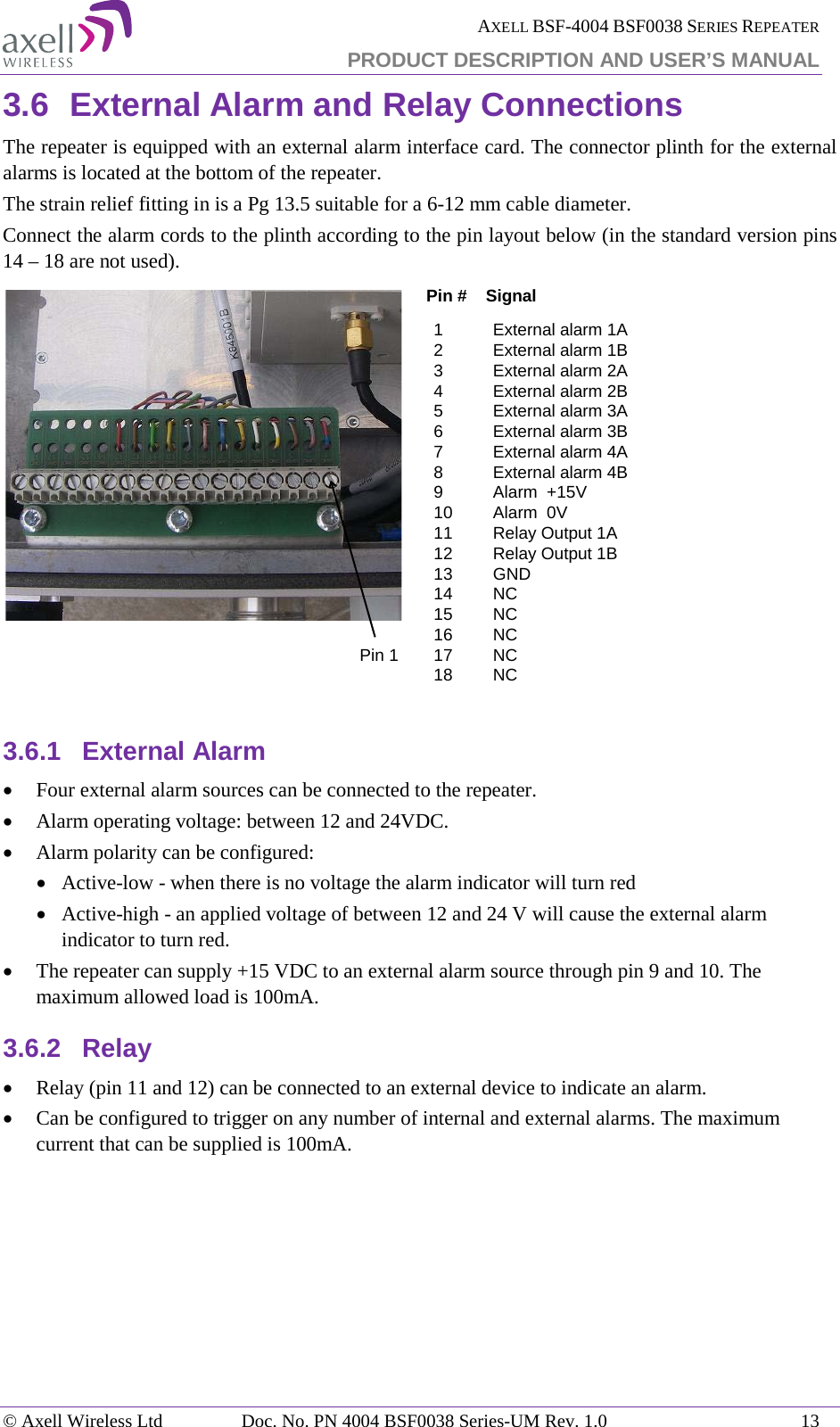  AXELL BSF-4004 BSF0038 SERIES REPEATER PRODUCT DESCRIPTION AND USER’S MANUAL  3.6 External Alarm and Relay Connections The repeater is equipped with an external alarm interface card. The connector plinth for the external alarms is located at the bottom of the repeater.  The strain relief fitting in is a Pg 13.5 suitable for a 6-12 mm cable diameter. Connect the alarm cords to the plinth according to the pin layout below (in the standard version pins 14 – 18 are not used).  3.6.1 External Alarm  • Four external alarm sources can be connected to the repeater. • Alarm operating voltage: between 12 and 24VDC.  • Alarm polarity can be configured:  • Active-low - when there is no voltage the alarm indicator will turn red • Active-high - an applied voltage of between 12 and 24 V will cause the external alarm indicator to turn red. • The repeater can supply +15 VDC to an external alarm source through pin 9 and 10. The maximum allowed load is 100mA. 3.6.2 Relay • Relay (pin 11 and 12) can be connected to an external device to indicate an alarm. • Can be configured to trigger on any number of internal and external alarms. The maximum current that can be supplied is 100mA.    1External alarm 1A 2External alarm 1B3External alarm 2A 4External alarm 2B 5External alarm 3A 6External alarm 3B 7External alarm 4A 8External alarm 4B 9Alarm  +15V 10 Alarm  0V 11 Relay Output 1A  12 Relay Output 1B13 GND14 NC15 NC16 NC17 NC18 NCPin #    SignalPin 1© Axell Wireless Ltd Doc. No. PN 4004 BSF0038 Series-UM Rev. 1.0 13 