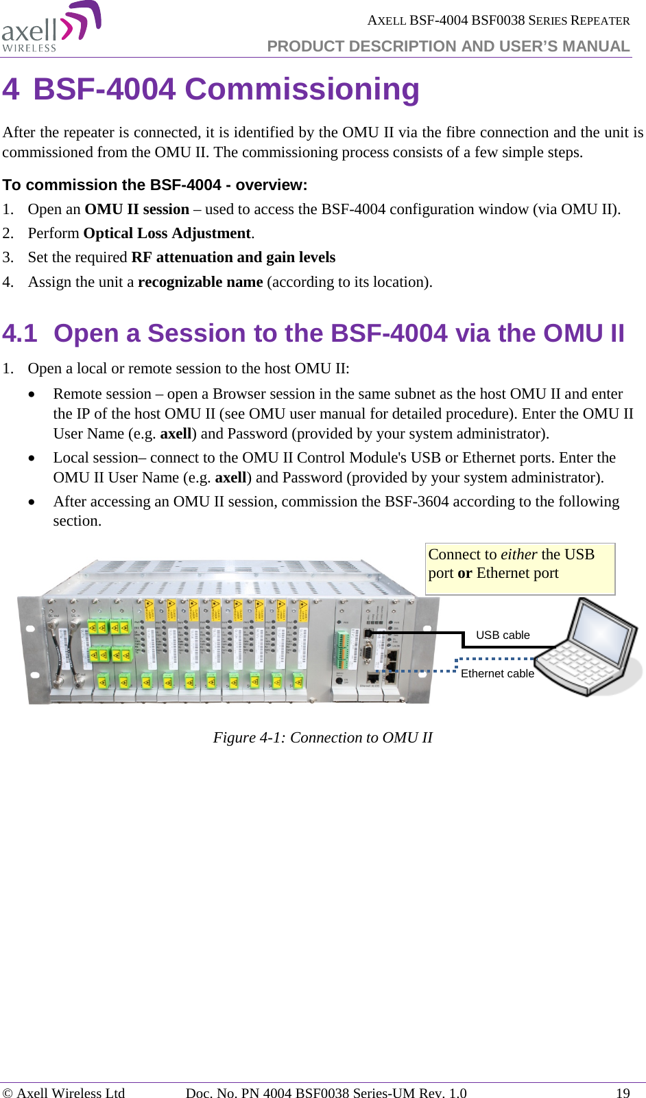 AXELL BSF-4004 BSF0038 SERIES REPEATER PRODUCT DESCRIPTION AND USER’S MANUAL  4 BSF-4004 Commissioning After the repeater is connected, it is identified by the OMU II via the fibre connection and the unit is commissioned from the OMU II. The commissioning process consists of a few simple steps. To commission the BSF-4004 - overview: 1.   Open an OMU II session – used to access the BSF-4004 configuration window (via OMU II). 2.  Perform Optical Loss Adjustment. 3.  Set the required RF attenuation and gain levels 4.  Assign the unit a recognizable name (according to its location). 4.1 Open a Session to the BSF-4004 via the OMU II 1.   Open a local or remote session to the host OMU II: • Remote session – open a Browser session in the same subnet as the host OMU II and enter the IP of the host OMU II (see OMU user manual for detailed procedure). Enter the OMU II User Name (e.g. axell) and Password (provided by your system administrator). • Local session– connect to the OMU II Control Module&apos;s USB or Ethernet ports. Enter the OMU II User Name (e.g. axell) and Password (provided by your system administrator). • After accessing an OMU II session, commission the BSF-3604 according to the following section.           Figure  4-1: Connection to OMU II   USB cable Ethernet cable Connect to either the USB port or Ethernet port © Axell Wireless Ltd Doc. No. PN 4004 BSF0038 Series-UM Rev. 1.0 19 