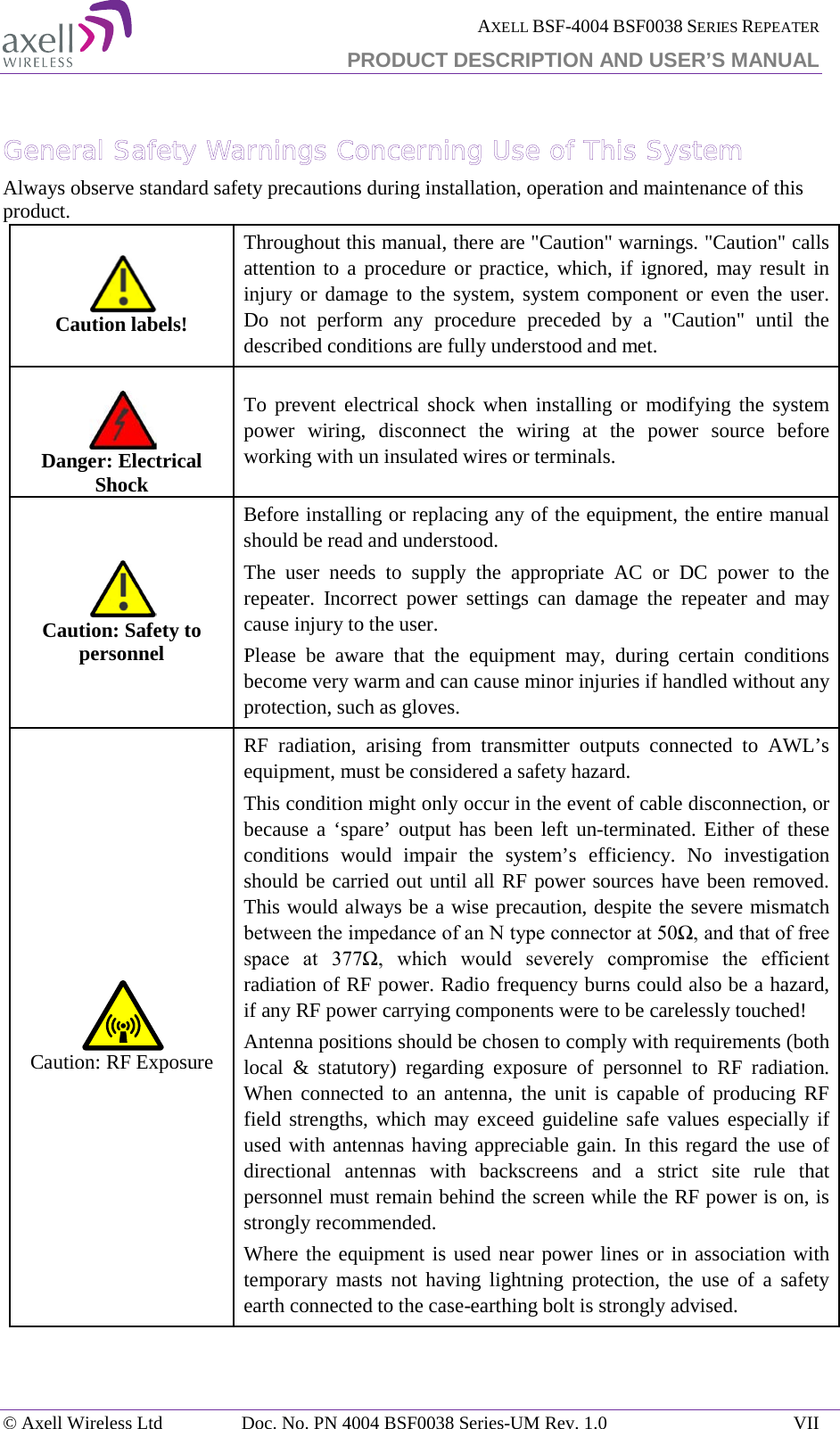  AXELL BSF-4004 BSF0038 SERIES REPEATER PRODUCT DESCRIPTION AND USER’S MANUAL  General Safety Warnings Concerning Use of This System Always observe standard safety precautions during installation, operation and maintenance of this product.  Caution labels! Throughout this manual, there are &quot;Caution&quot; warnings. &quot;Caution&quot; calls attention to a procedure or practice, which, if ignored, may result in injury or damage to the system, system component or even the user. Do not perform any procedure preceded by a &quot;Caution&quot; until the described conditions are fully understood and met.    Danger: Electrical Shock To prevent electrical shock when installing or modifying the system power wiring, disconnect the wiring at the power source before working with un insulated wires or terminals.  Caution: Safety to personnel Before installing or replacing any of the equipment, the entire manual should be read and understood. The user needs to supply the appropriate AC or DC power to the repeater. Incorrect power settings can damage the repeater and may cause injury to the user. Please be aware that the equipment may, during certain conditions become very warm and can cause minor injuries if handled without any protection, such as gloves.  Caution: RF Exposure RF radiation, arising from transmitter outputs connected to AWL’s equipment, must be considered a safety hazard. This condition might only occur in the event of cable disconnection, or because a ‘spare’ output has been left un-terminated. Either of these conditions would impair the system’s efficiency. No investigation should be carried out until all RF power sources have been removed. This would always be a wise precaution, despite the severe mismatch between the impedance of an N type connector at 50Ω, and that of free space  at  377Ω,  which  would  severely  compromise  the  efficient radiation of RF power. Radio frequency burns could also be a hazard, if any RF power carrying components were to be carelessly touched! Antenna positions should be chosen to comply with requirements (both local &amp; statutory) regarding exposure of personnel to RF radiation. When connected to an antenna, the unit is capable of producing RF field strengths, which may exceed guideline safe values especially if used with antennas having appreciable gain. In this regard the use of directional antennas with backscreens and a strict site rule that personnel must remain behind the screen while the RF power is on, is strongly recommended. Where the equipment is used near power lines or in association with temporary masts not having lightning protection, the use of a safety earth connected to the case-earthing bolt is strongly advised.    © Axell Wireless Ltd Doc. No. PN 4004 BSF0038 Series-UM Rev. 1.0 VII 