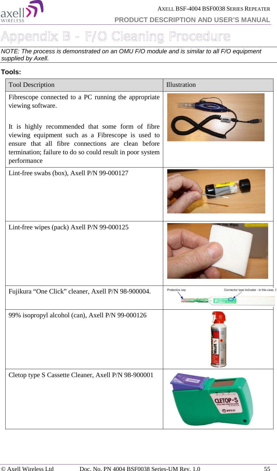  AXELL BSF-4004 BSF0038 SERIES REPEATER PRODUCT DESCRIPTION AND USER’S MANUAL  Appendix B - F/O Cleaning Procedure NOTE: The process is demonstrated on an OMU F/O module and is similar to all F/O equipment supplied by Axell. Tools:  Tool Description  Illustration Fibrescope connected to a PC running the appropriate viewing software.  It is highly recommended that some form of fibre viewing equipment such as a Fibrescope is used to ensure that all fibre connections are clean before termination; failure to do so could result in poor system performance  Lint-free swabs (box), Axell P/N 99-000127      Lint-free wipes (pack) Axell P/N 99-000125       Fujikura “One Click” cleaner, Axell P/N 98-900004.   99% isopropyl alcohol (can), Axell P/N 99-000126  Cletop type S Cassette Cleaner, Axell P/N 98-900001  © Axell Wireless Ltd Doc. No. PN 4004 BSF0038 Series-UM Rev. 1.0 55 