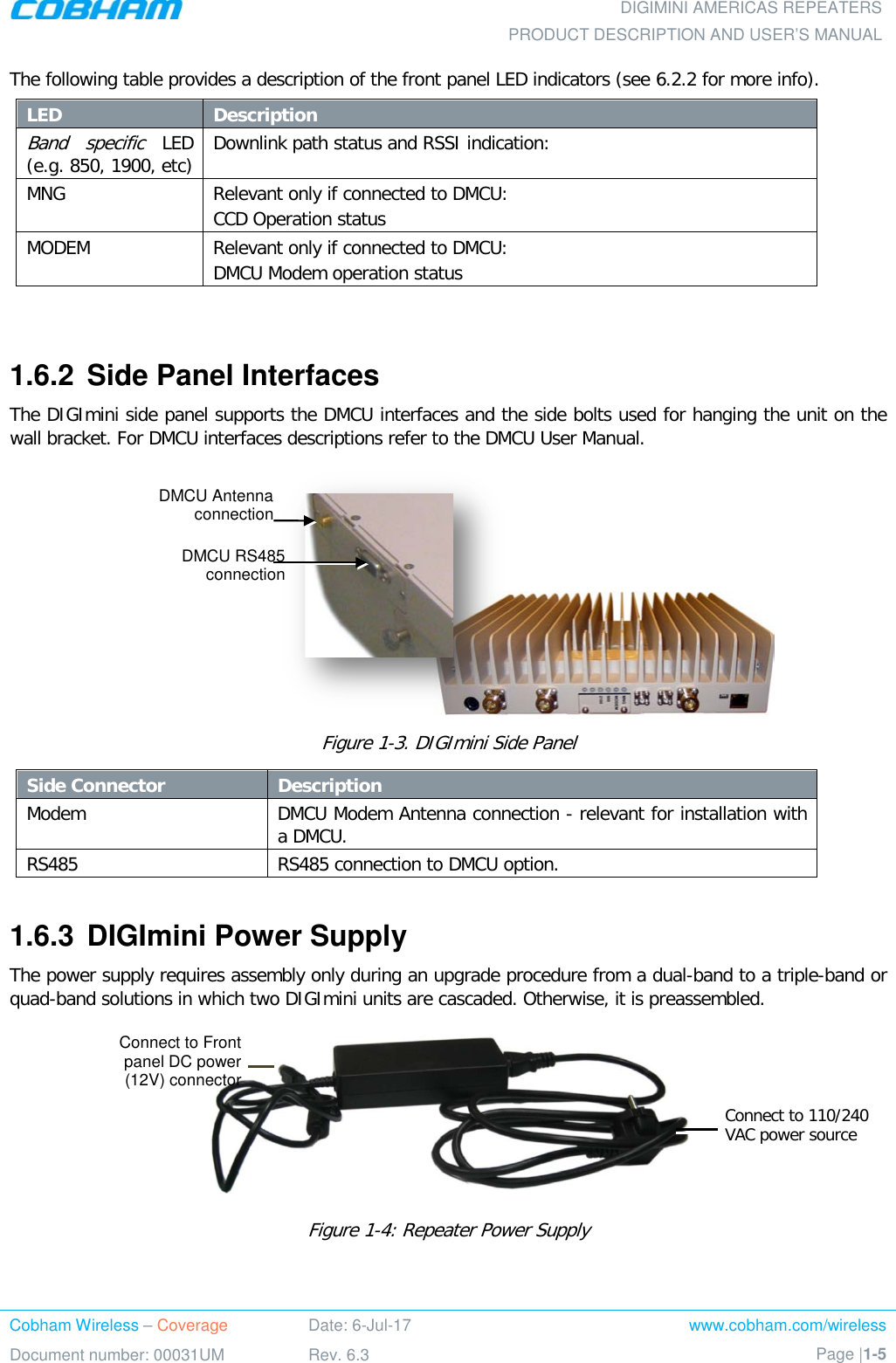  DIGIMINI AMERICAS REPEATERS PRODUCT DESCRIPTION AND USER’S MANUAL Cobham Wireless – Coverage Date: 6-Jul-17 www.cobham.com/wireless Document number: 00031UM Rev. 6.3 Page |1-5  The following table provides a description of the front panel LED indicators (see  6.2.2 for more info). LED Description  Band specific LED (e.g. 850, 1900, etc) Downlink path status and RSSI indication: MNG Relevant only if connected to DMCU: CCD Operation status MODEM Relevant only if connected to DMCU: DMCU Modem operation status   1.6.2  Side Panel Interfaces The DIGImini side panel supports the DMCU interfaces and the side bolts used for hanging the unit on the wall bracket. For DMCU interfaces descriptions refer to the DMCU User Manual.                                                                           Figure  1-3. DIGImini Side Panel Side Connector Description  Modem DMCU Modem Antenna connection - relevant for installation with a DMCU. RS485 RS485 connection to DMCU option.  1.6.3  DIGImini Power Supply The power supply requires assembly only during an upgrade procedure from a dual-band to a triple-band or quad-band solutions in which two DIGImini units are cascaded. Otherwise, it is preassembled.    Figure  1-4: Repeater Power Supply Connect to 110/240 VAC power source Connect to Front panel DC power (12V) connector DMCU Antenna connection DMCU RS485 connection  