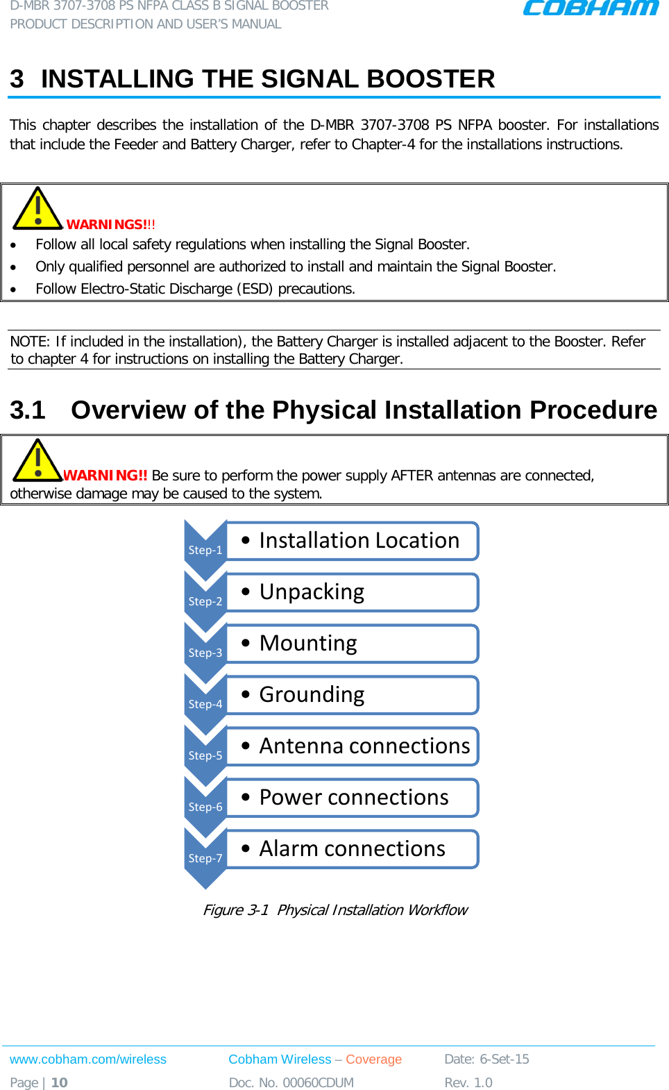 D-MBR 3707-3708 PS NFPA CLASS B SIGNAL BOOSTER PRODUCT DESCRIPTION AND USER&rsquo;S MANUAL www.cobham.com/wireless Cobham Wireless &ndash; Coverage Date: 6-Set-15 Page | 10 Doc. No. 00060CDUM Rev. 1.0  3  INSTALLING THE SIGNAL BOOSTER This chapter describes the installation of the D-MBR 3707-3708 PS NFPA booster. For installations that include the Feeder and Battery Charger, refer to Chapter-4 for the installations instructions.   WARNINGS!!!  &bull; Follow all local safety regulations when installing the Signal Booster. &bull; Only qualified personnel are authorized to install and maintain the Signal Booster. &bull; Follow Electro-Static Discharge (ESD) precautions.  NOTE: If included in the installation), the Battery Charger is installed adjacent to the Booster. Refer to chapter 4 for instructions on installing the Battery Charger. 3.1  Overview of the Physical Installation Procedure WARNING!! Be sure to perform the power supply AFTER antennas are connected, otherwise damage may be caused to the system.   Figure  3-1  Physical Installation Workflow Step-1  &bull;Installation Location Step-2  &bull;Unpacking Step-3  &bull;Mounting Step-4  &bull;Grounding Step-5  &bull;Antenna connections Step-6  &bull;Power connections Step-7  &bull;Alarm connections 