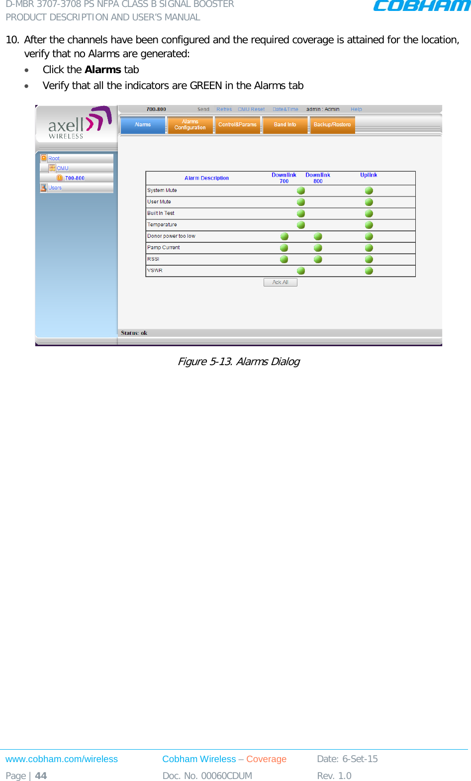 D-MBR 3707-3708 PS NFPA CLASS B SIGNAL BOOSTER PRODUCT DESCRIPTION AND USER&rsquo;S MANUAL www.cobham.com/wireless Cobham Wireless &ndash; Coverage Date: 6-Set-15 Page | 44 Doc. No. 00060CDUM Rev. 1.0  10. After the channels have been configured and the required coverage is attained for the location, verify that no Alarms are generated:  &bull; Click the Alarms tab  &bull; Verify that all the indicators are GREEN in the Alarms tab  Figure  5-13. Alarms Dialog  