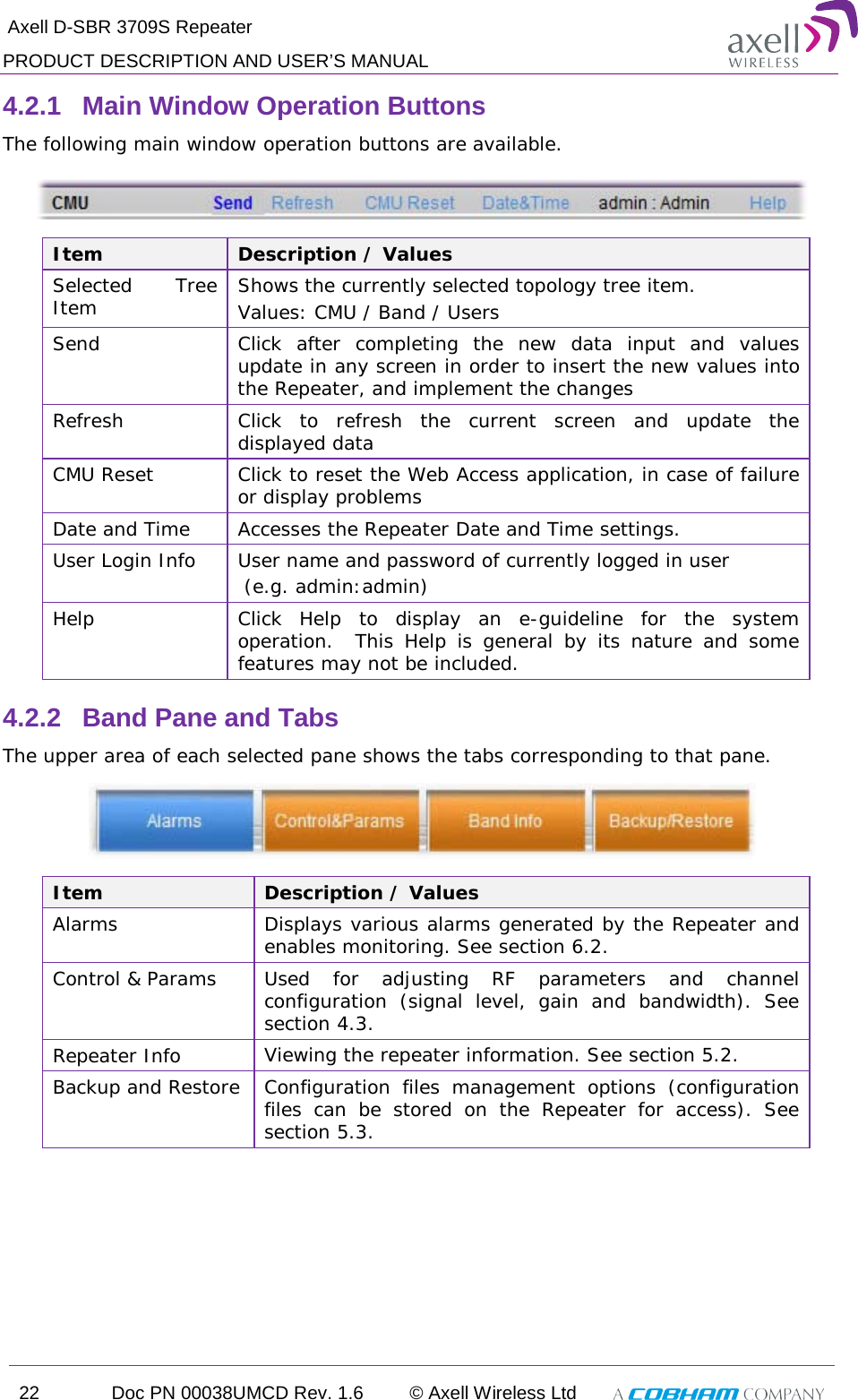  Axell D-SBR 3709S Repeater PRODUCT DESCRIPTION AND USER’S MANUAL 22 Doc PN 00038UMCD Rev. 1.6 © Axell Wireless Ltd   4.2.1  Main Window Operation Buttons  The following main window operation buttons are available.   Item Description / Values Selected Tree Item Shows the currently selected topology tree item. Values: CMU / Band / Users Send Click after completing the new data input and values update in any screen in order to insert the new values into the Repeater, and implement the changes Refresh  Click to refresh the current screen and update the displayed data  CMU Reset Click to reset the Web Access application, in case of failure or display problems Date and Time Accesses the Repeater Date and Time settings. User Login Info User name and password of currently logged in user  (e.g. admin:admin) Help Click Help to display an e-guideline for the system operation.  This Help is general by its nature and some features may not be included. 4.2.2  Band Pane and Tabs  The upper area of each selected pane shows the tabs corresponding to that pane.   Item Description / Values Alarms Displays various alarms generated by the Repeater and enables monitoring. See section  6.2. Control &amp; Params  Used for adjusting RF parameters and channel configuration (signal level, gain and bandwidth). See section  4.3. Repeater Info Viewing the repeater information. See section  5.2. Backup and Restore Configuration files management options (configuration files can be stored on the Repeater for access). See section  5.3.  