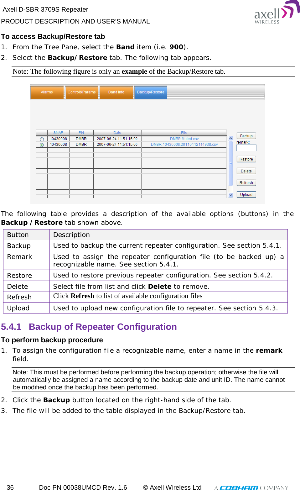  Axell D-SBR 3709S Repeater PRODUCT DESCRIPTION AND USER’S MANUAL 36 Doc PN 00038UMCD Rev. 1.6 © Axell Wireless Ltd   To access Backup/Restore tab 1.  From the Tree Pane, select the Band item (i.e. 900). 2.  Select the Backup/Restore tab. The following tab appears. Note: The following figure is only an example of the Backup/Restore tab.  The following table provides a description of the available options (buttons) in the Backup /Restore tab shown above.  Button Description Backup Used to backup the current repeater configuration. See section  5.4.1. Remark Used to assign the repeater configuration file (to be backed up) a recognizable name. See section  5.4.1. Restore Used to restore previous repeater configuration. See section  5.4.2. Delete Select file from list and click Delete to remove. Refresh Click Refresh to list of available configuration files Upload Used to upload new configuration file to repeater. See section  5.4.3. 5.4.1  Backup of Repeater Configuration To perform backup procedure 1.  To assign the configuration file a recognizable name, enter a name in the remark field. Note: This must be performed before performing the backup operation; otherwise the file will automatically be assigned a name according to the backup date and unit ID. The name cannot be modified once the backup has been performed. 2.  Click the Backup button located on the right-hand side of the tab.  3.  The file will be added to the table displayed in the Backup/Restore tab. 