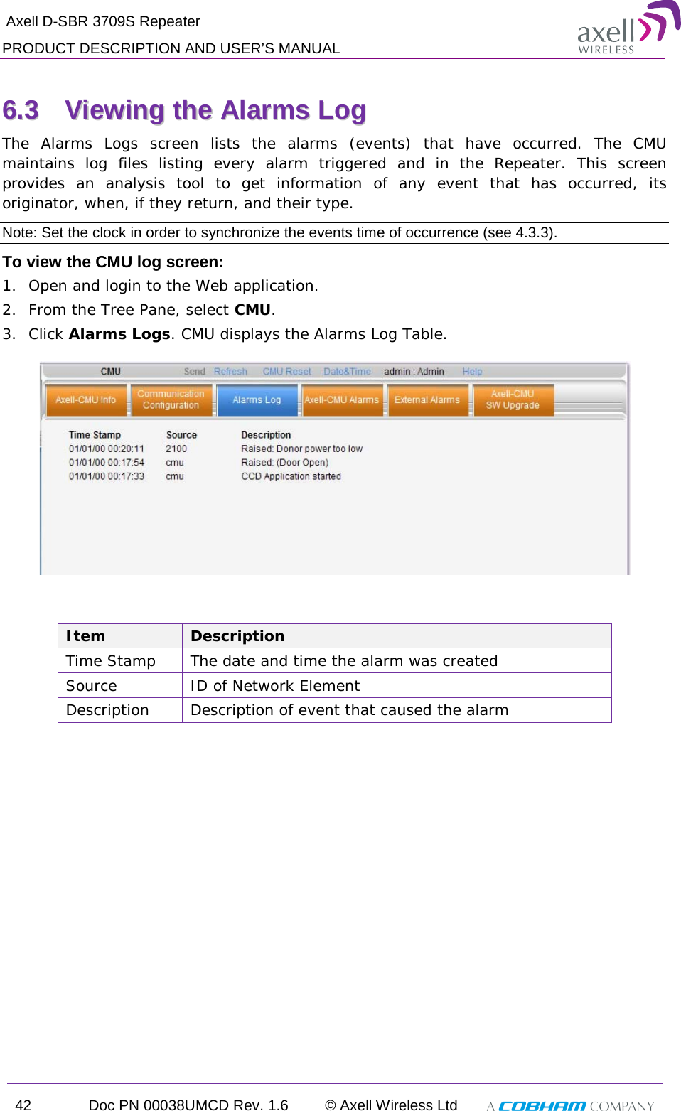  Axell D-SBR 3709S Repeater PRODUCT DESCRIPTION AND USER’S MANUAL 42 Doc PN 00038UMCD Rev. 1.6 © Axell Wireless Ltd   66..33  VViieewwiinngg  tthhee  AAllaarrmmss  LLoogg  The Alarms Logs screen lists the alarms (events) that have occurred. The CMU maintains log files listing every alarm triggered and in the Repeater. This screen provides an analysis tool to get information of any event that has occurred, its originator, when, if they return, and their type.  Note: Set the clock in order to synchronize the events time of occurrence (see  4.3.3).  To view the CMU log screen:  1.  Open and login to the Web application. 2.  From the Tree Pane, select CMU.  3.  Click Alarms Logs. CMU displays the Alarms Log Table.    Item Description Time Stamp The date and time the alarm was created Source ID of Network Element Description Description of event that caused the alarm 