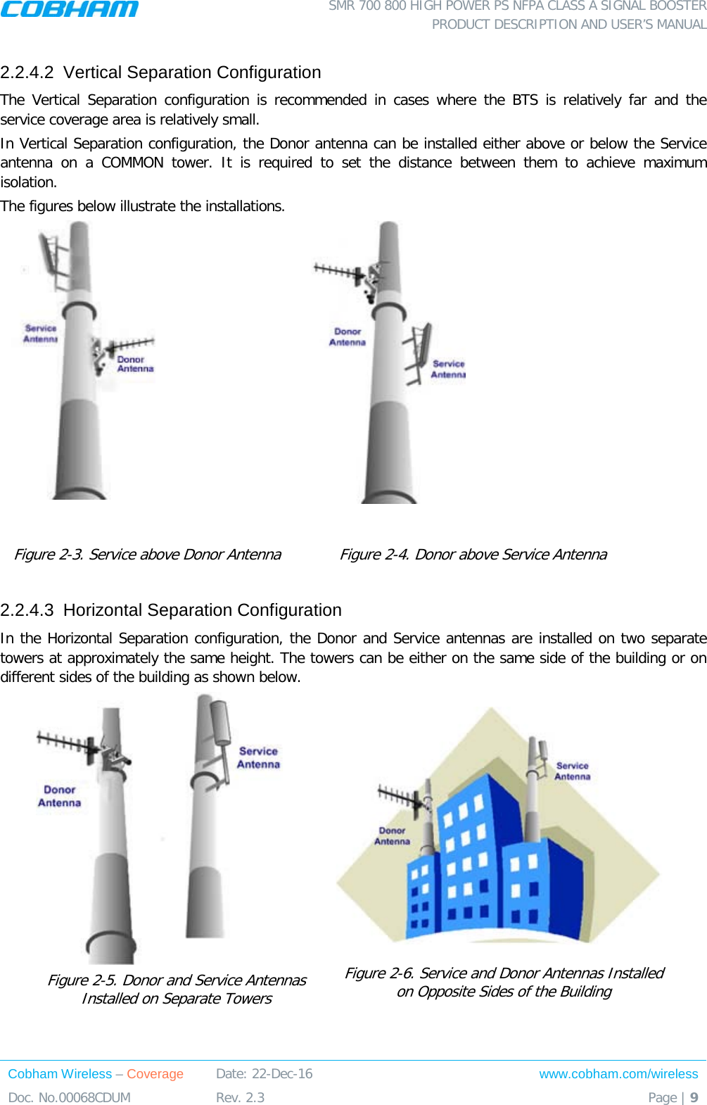  SMR 700 800 HIGH POWER PS NFPA CLASS A SIGNAL BOOSTER  PRODUCT DESCRIPTION AND USER’S MANUAL Cobham Wireless – Coverage Date: 22-Dec-16 www.cobham.com/wireless Doc. No.00068CDUM  Rev. 2.3  Page | 9  2.2.4.2  Vertical Separation Configuration The Vertical Separation configuration is recommended in cases where the BTS is relatively far and the service coverage area is relatively small. In Vertical Separation configuration, the Donor antenna can be installed either above or below the Service antenna on a COMMON tower. It is required to set the distance between them to achieve maximum isolation.  The figures below illustrate the installations.    Figure  2-3. Service above Donor Antenna Figure  2-4. Donor above Service Antenna 2.2.4.3  Horizontal Separation Configuration  In the Horizontal Separation configuration, the Donor and Service antennas are installed on two separate towers at approximately the same height. The towers can be either on the same side of the building or on different sides of the building as shown below.  Figure  2-5. Donor and Service Antennas Installed on Separate Towers    Figure  2-6. Service and Donor Antennas Installed on Opposite Sides of the Building  