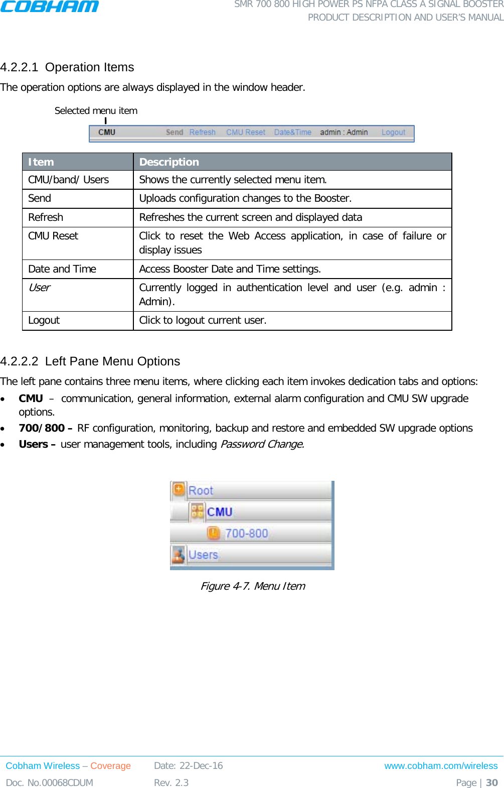  SMR 700 800 HIGH POWER PS NFPA CLASS A SIGNAL BOOSTER  PRODUCT DESCRIPTION AND USER’S MANUAL Cobham Wireless – Coverage Date: 22-Dec-16 www.cobham.com/wireless Doc. No.00068CDUM  Rev. 2.3  Page | 30   4.2.2.1  Operation Items  The operation options are always displayed in the window header.    Item Description CMU/band/ Users Shows the currently selected menu item. Send Uploads configuration changes to the Booster.  Refresh  Refreshes the current screen and displayed data  CMU Reset Click to reset the Web Access application, in case of failure or display issues Date and Time Access Booster Date and Time settings. User Currently logged in authentication level and user (e.g. admin : Admin).  Logout Click to logout current user.  4.2.2.2  Left Pane Menu Options The left pane contains three menu items, where clicking each item invokes dedication tabs and options:  • CMU  –  communication, general information, external alarm configuration and CMU SW upgrade options.  • 700/800 – RF configuration, monitoring, backup and restore and embedded SW upgrade options • Users – user management tools, including Password Change.   Figure  4-7. Menu Item Selected menu item 