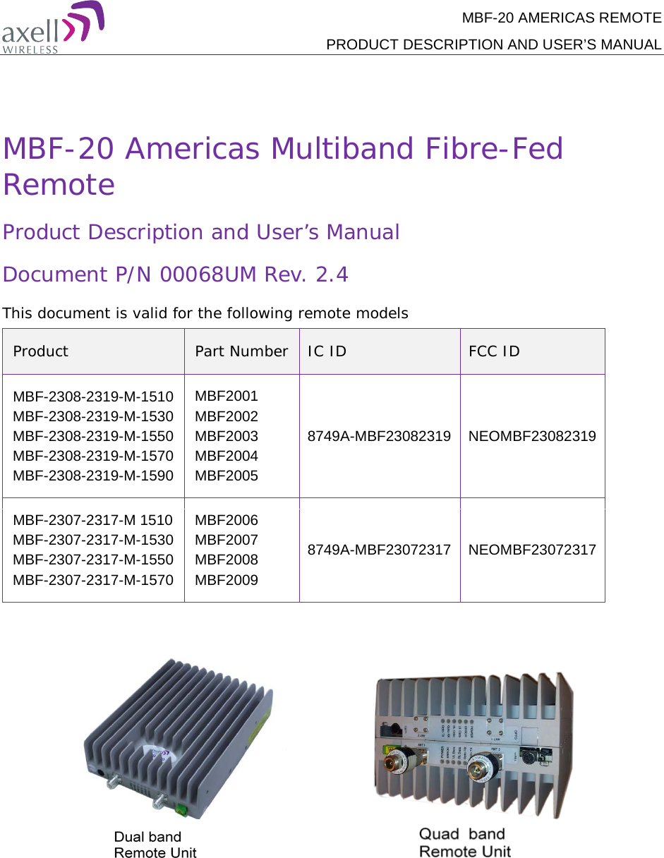 MBF-20 AMERICAS REMOTE PRODUCT DESCRIPTION AND USER’S MANUAL    MBF-20 Americas Multiband Fibre-Fed Remote  Product Description and User’s Manual Document P/N 00068UM Rev. 2.4 This document is valid for the following remote models Product Part Number IC ID FCC ID MBF-2308-2319-M-1510 MBF-2308-2319-M-1530 MBF-2308-2319-M-1550 MBF-2308-2319-M-1570 MBF-2308-2319-M-1590 MBF2001   MBF2002  MBF2003  MBF2004  MBF2005  8749A-MBF23082319 NEOMBF23082319 MBF-2307-2317-M 1510 MBF-2307-2317-M-1530 MBF-2307-2317-M-1550 MBF-2307-2317-M-1570 MBF2006 MBF2007   MBF2008 MBF2009   8749A-MBF23072317 NEOMBF23072317                                                 
