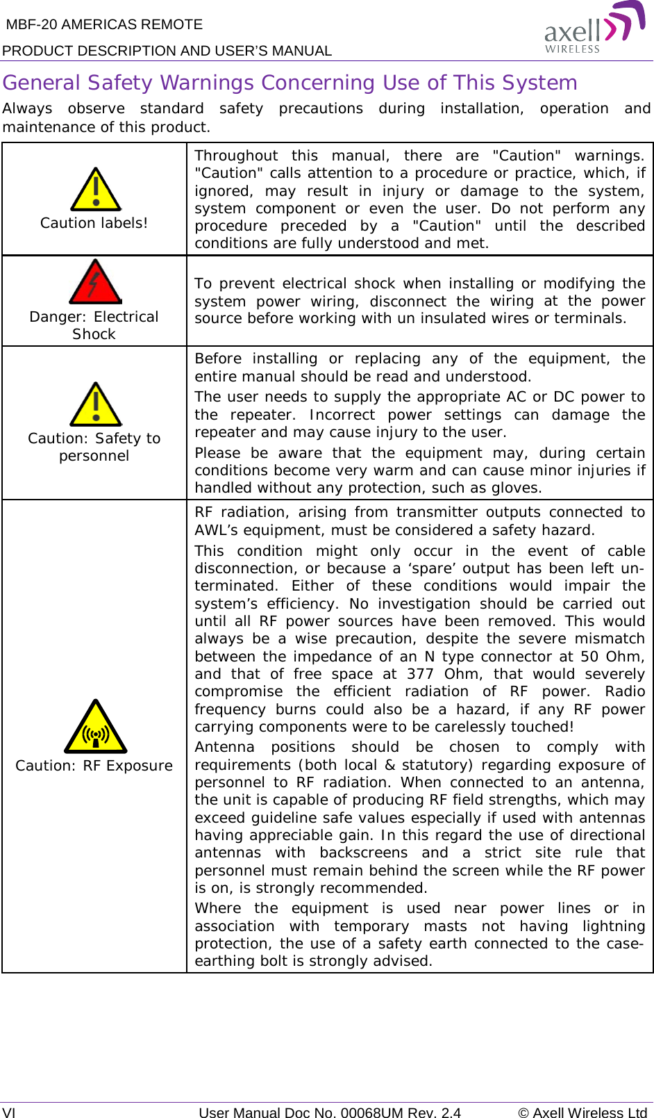  MBF-20 AMERICAS REMOTE PRODUCT DESCRIPTION AND USER’S MANUAL VI   User Manual Doc No. 00068UM Rev. 2.4 © Axell Wireless Ltd General Safety Warnings Concerning Use of This System Always observe standard safety precautions during installation, operation and maintenance of this product.  Caution labels! Throughout this manual, there are &quot;Caution&quot; warnings. &quot;Caution&quot; calls attention to a procedure or practice, which, if ignored, may result in injury or damage to the system, system component or even the user. Do not perform any procedure preceded by a &quot;Caution&quot; until the described conditions are fully understood and met.   Danger: Electrical Shock To prevent electrical shock when installing or modifying the system power wiring, disconnect the wiring at the power source before working with un insulated wires or terminals.  Caution: Safety to personnel Before installing or replacing any of the equipment, the entire manual should be read and understood. The user needs to supply the appropriate AC or DC power to the repeater. Incorrect power settings can damage the repeater and may cause injury to the user. Please be aware that the equipment may, during certain conditions become very warm and can cause minor injuries if handled without any protection, such as gloves.  Caution: RF Exposure RF radiation, arising from transmitter outputs connected to AWL’s equipment, must be considered a safety hazard. This condition might only occur in the event of cable disconnection, or because a ‘spare’ output has been left un-terminated. Either of these conditions would impair the system’s efficiency. No investigation should be carried out until all RF power sources have been removed. This would always be a wise precaution, despite the severe mismatch between the impedance of an N type connector at 50 Ohm, and that of free space at 377 Ohm,  that would severely compromise the efficient radiation of RF power. Radio frequency burns could also be a hazard, if any RF power carrying components were to be carelessly touched! Antenna positions should be chosen to comply with requirements (both local &amp; statutory) regarding exposure of personnel to RF radiation. When connected to an antenna, the unit is capable of producing RF field strengths, which may exceed guideline safe values especially if used with antennas having appreciable gain. In this regard the use of directional antennas with backscreens and a strict site rule that personnel must remain behind the screen while the RF power is on, is strongly recommended. Where the equipment is used near power lines or in association with temporary masts not having lightning protection, the use of a safety earth connected to the case-earthing bolt is strongly advised.    