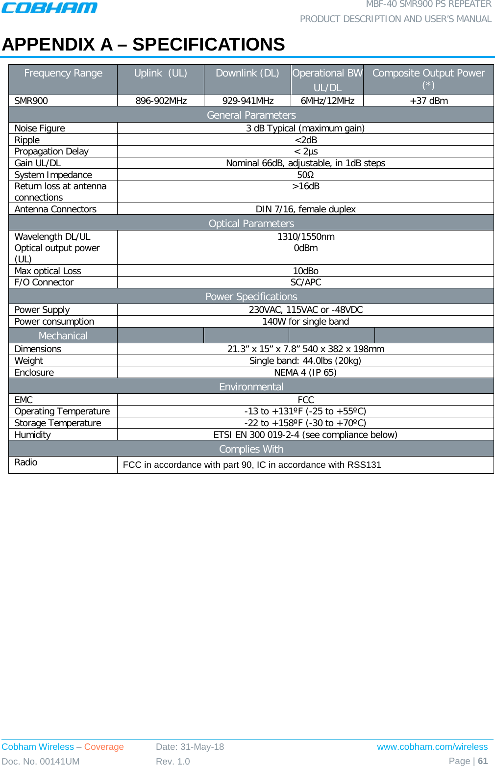  MBF-40 SMR900 PS REPEATER PRODUCT DESCRIPTION AND USER’S MANUAL Cobham Wireless – Coverage Date: 31-May-18 www.cobham.com/wireless Doc. No. 00141UM Rev. 1.0 Page | 61  APPENDIX A – SPECIFICATIONS Frequency Range  Uplink  (UL) Downlink (DL) Operational BW UL/DL Composite Output Power (*) SMR900 896-902MHz 929-941MHz 6MHz/12MHz +37 dBm General Parameters Noise Figure  3 dB Typical (maximum gain) Ripple &lt;2dB Propagation Delay &lt; 2µs Gain UL/DL  Nominal 66dB, adjustable, in 1dB steps System Impedance 50Ω Return loss at antenna connections &gt;16dB Antenna Connectors DIN 7/16, female duplex Optical Parameters Wavelength DL/UL 1310/1550nm Optical output power (UL) 0dBm Max optical Loss 10dBo F/O Connector SC/APC Power Specifications Power Supply 230VAC, 115VAC or -48VDC Power consumption 140W for single band Mechanical         Dimensions 21.3” x 15” x 7.8” 540 x 382 x 198mm Weight Single band: 44.0lbs (20kg) Enclosure NEMA 4 (IP 65) Environmental EMC FCC Operating Temperature  -13 to +131ºF (-25 to +55ºC) Storage Temperature  -22 to +158ºF (-30 to +70ºC) Humidity ETSI EN 300 019-2-4 (see compliance below) Complies With Radio FCC in accordance with part 90, IC in accordance with RSS131      