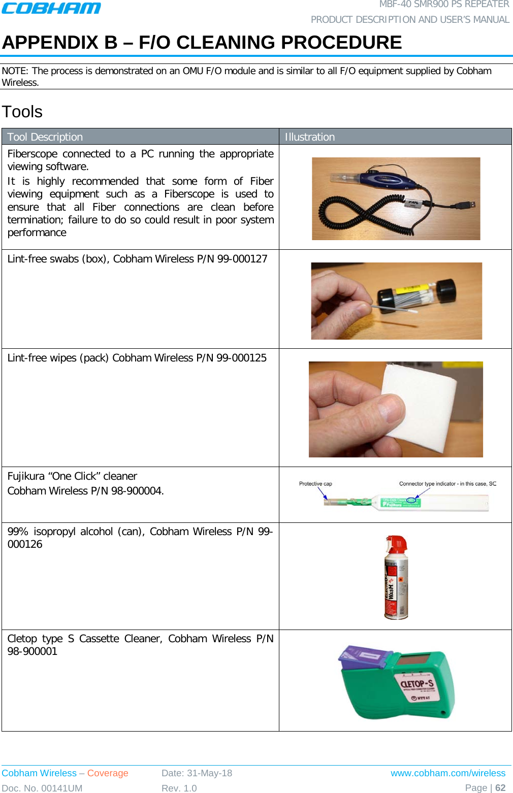  MBF-40 SMR900 PS REPEATER PRODUCT DESCRIPTION AND USER’S MANUAL Cobham Wireless – Coverage Date: 31-May-18 www.cobham.com/wireless Doc. No. 00141UM Rev. 1.0 Page | 62  APPENDIX B – F/O CLEANING PROCEDURE NOTE: The process is demonstrated on an OMU F/O module and is similar to all F/O equipment supplied by Cobham Wireless. Tools Tool Description  Illustration Fiberscope connected to a PC running the appropriate viewing software. It is highly recommended that some form of Fiber viewing equipment such as a Fiberscope is used to ensure that all Fiber connections are clean before termination; failure to do so could result in poor system performance  Lint-free swabs (box), Cobham Wireless P/N 99-000127      Lint-free wipes (pack) Cobham Wireless P/N 99-000125       Fujikura “One Click” cleaner  Cobham Wireless P/N 98-900004.   99% isopropyl alcohol (can), Cobham Wireless P/N 99-000126      Cletop type S Cassette Cleaner, Cobham Wireless P/N 98-900001      