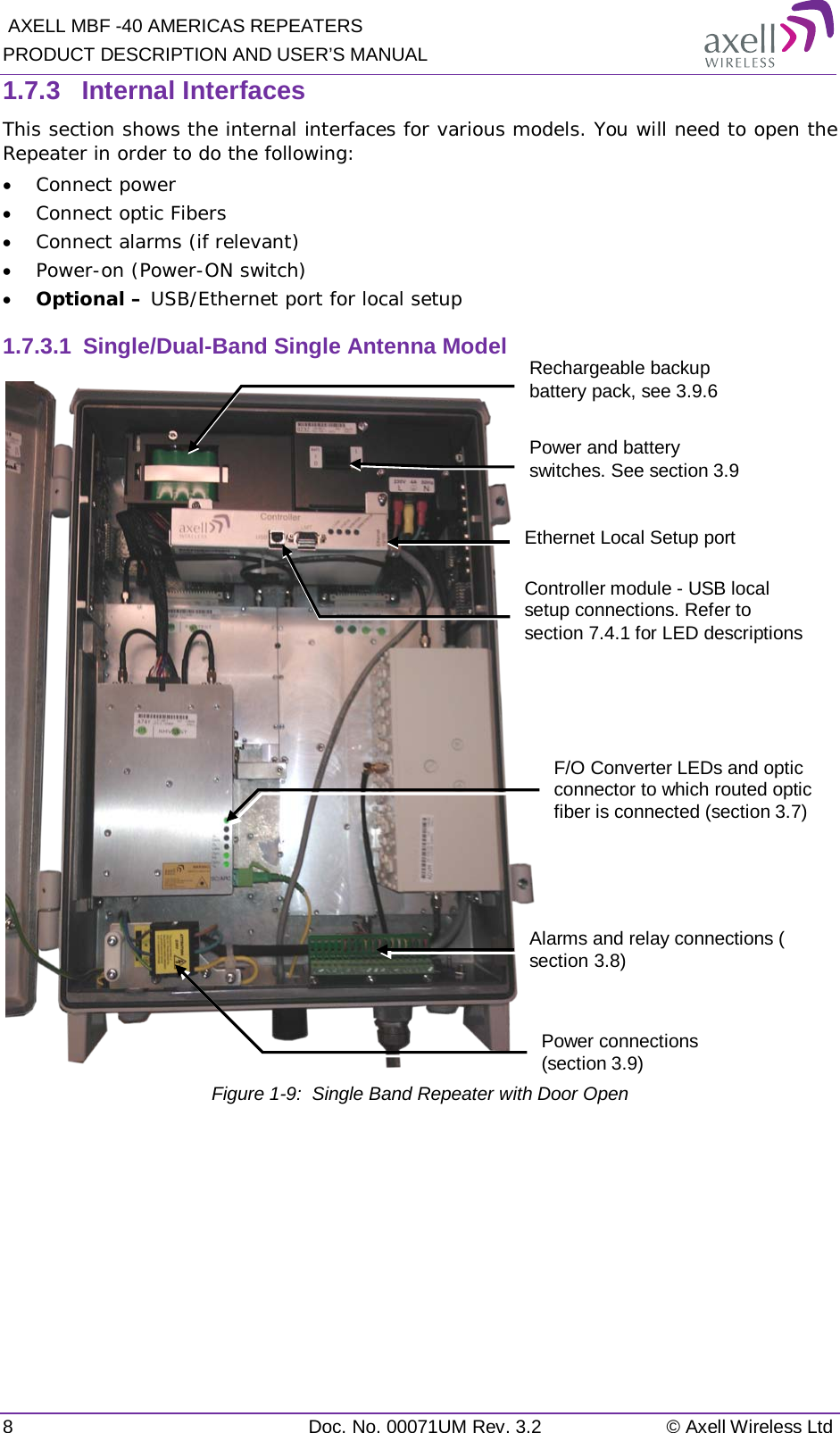  AXELL MBF -40 AMERICAS REPEATERS PRODUCT DESCRIPTION AND USER’S MANUAL 8  Doc. No. 00071UM Rev. 3.2 © Axell Wireless Ltd 1.7.3  Internal Interfaces This section shows the internal interfaces for various models. You will need to open the Repeater in order to do the following: • Connect power • Connect optic Fibers • Connect alarms (if relevant) • Power-on (Power-ON switch) • Optional – USB/Ethernet port for local setup 1.7.3.1  Single/Dual-Band Single Antenna Model  Figure  1-9:  Single Band Repeater with Door Open    Alarms and relay connections ( section  3.8) F/O Converter LEDs and optic connector to which routed optic fiber is connected (section  3.7) Power connections (section  3.9) Controller module - USB local setup connections. Refer to section  7.4.1 for LED descriptions Rechargeable backup battery pack, see  3.9.6 Power and battery switches. See section  3.9 Ethernet Local Setup port 