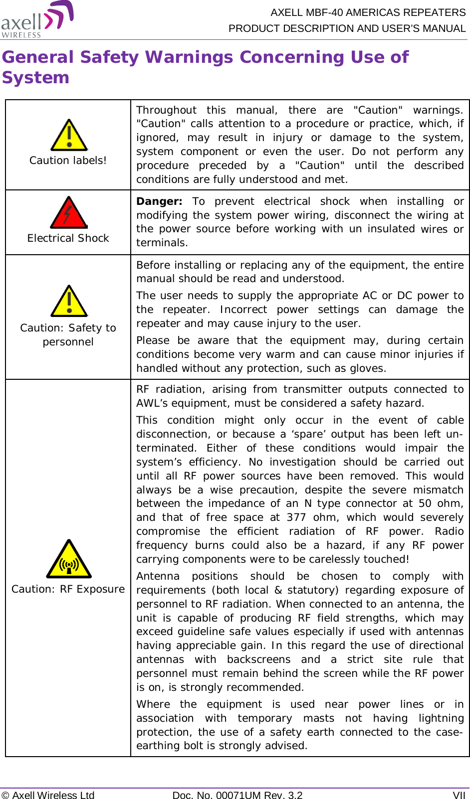  AXELL MBF-40 AMERICAS REPEATERS PRODUCT DESCRIPTION AND USER’S MANUAL © Axell Wireless Ltd Doc. No. 00071UM Rev. 3.2  VII General Safety Warnings Concerning Use of System  Caution labels! Throughout this manual, there are &quot;Caution&quot; warnings. &quot;Caution&quot; calls attention to a procedure or practice, which, if ignored, may result in injury or damage to the system, system component or even the user. Do not perform any procedure preceded by a &quot;Caution&quot; until the described conditions are fully understood and met.   Electrical Shock Danger: To prevent electrical shock when installing or modifying the system power wiring, disconnect the wiring at the power source before working with un insulated wires or terminals.  Caution: Safety to personnel Before installing or replacing any of the equipment, the entire manual should be read and understood. The user needs to supply the appropriate AC or DC power to the repeater. Incorrect power settings can damage the repeater and may cause injury to the user. Please be aware that the equipment may, during certain conditions become very warm and can cause minor injuries if handled without any protection, such as gloves.  Caution: RF Exposure RF radiation, arising from transmitter outputs connected to AWL’s equipment, must be considered a safety hazard. This condition might only occur in the event of cable disconnection, or because a ‘spare’ output has been left un-terminated. Either of these conditions would impair the system’s efficiency. No investigation should be carried out until all RF power sources have been removed. This would always be a wise precaution, despite the severe mismatch between the impedance of an N type connector at 50 ohm, and that of free space at 377 ohm, which would severely compromise the efficient radiation of RF power. Radio frequency burns could also be a hazard, if any RF power carrying components were to be carelessly touched! Antenna positions should be chosen to comply with requirements (both local &amp; statutory) regarding exposure of personnel to RF radiation. When connected to an antenna, the unit is capable of producing RF field strengths, which may exceed guideline safe values especially if used with antennas having appreciable gain. In this regard the use of directional antennas with backscreens and a strict site rule that personnel must remain behind the screen while the RF power is on, is strongly recommended. Where the equipment is used near power lines or in association with temporary masts not having lightning protection, the use of a safety earth connected to the case-earthing bolt is strongly advised. 