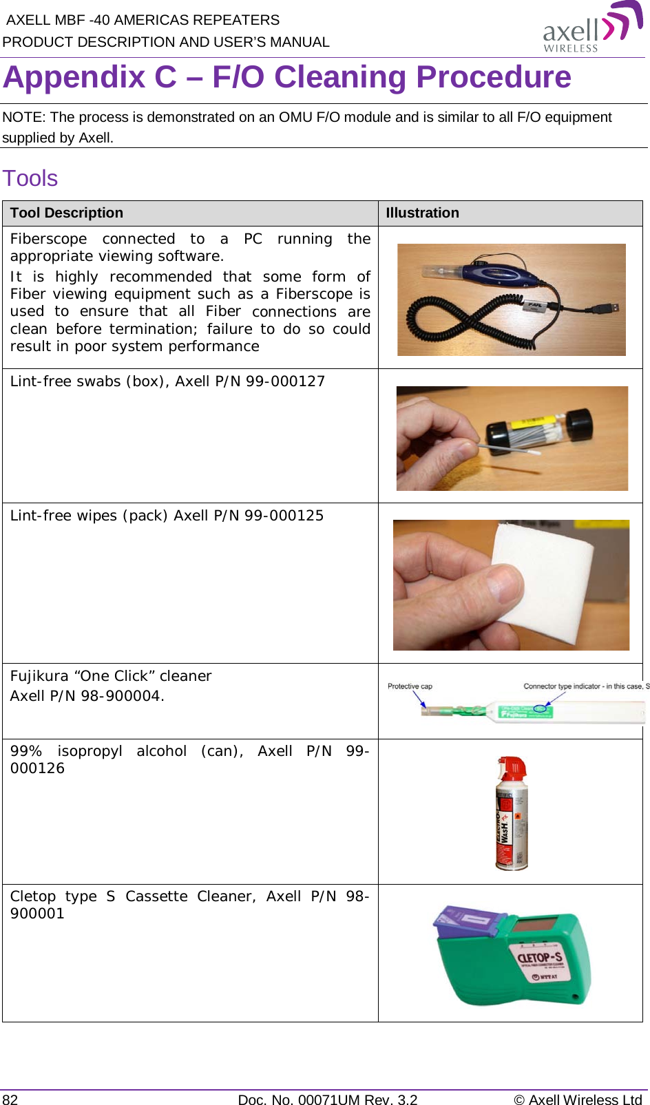  AXELL MBF -40 AMERICAS REPEATERS PRODUCT DESCRIPTION AND USER’S MANUAL 82 Doc. No. 00071UM Rev. 3.2 © Axell Wireless Ltd Appendix C – F/O Cleaning Procedure NOTE: The process is demonstrated on an OMU F/O module and is similar to all F/O equipment supplied by Axell. Tools Tool Description Illustration Fiberscope connected to a PC running the appropriate viewing software. It is highly recommended that some form of Fiber viewing equipment such as a Fiberscope is used to ensure that all Fiber connections are clean before termination; failure to do so could result in poor system performance  Lint-free swabs (box), Axell P/N 99-000127      Lint-free wipes (pack) Axell P/N 99-000125       Fujikura “One Click” cleaner  Axell P/N 98-900004.   99% isopropyl alcohol (can), Axell P/N 99-000126      Cletop type S Cassette Cleaner, Axell P/N 98-900001     