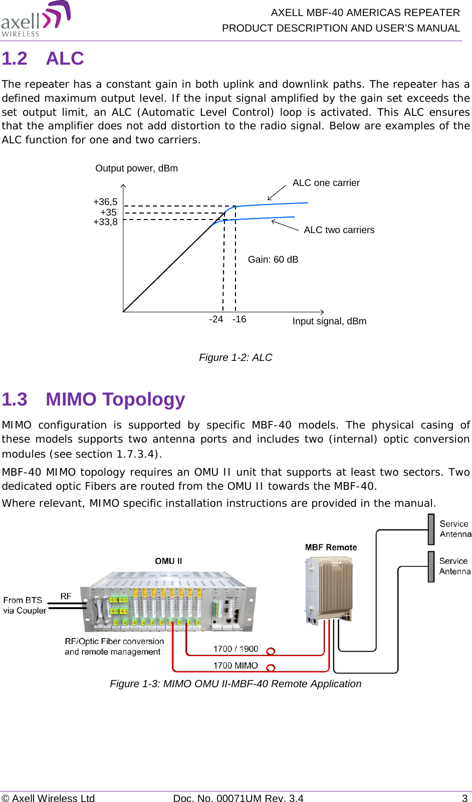   AXELL MBF-40 AMERICAS REPEATER PRODUCT DESCRIPTION AND USER’S MANUAL © Axell Wireless Ltd Doc. No. 00071UM Rev. 3.4  3 1.2  ALC The repeater has a constant gain in both uplink and downlink paths. The repeater has a defined maximum output level. If the input signal amplified by the gain set exceeds the set output limit, an ALC (Automatic Level Control) loop is activated. This ALC ensures that the amplifier does not add distortion to the radio signal. Below are examples of the ALC function for one and two carriers.   Figure  1-2: ALC 1.3  MIMO Topology MIMO configuration is supported by specific MBF-40 models. The physical casing of these models supports two antenna ports and includes two (internal) optic conversion modules (see section  1.7.3.4). MBF-40 MIMO topology requires an OMU II unit that supports at least two sectors. Two dedicated optic Fibers are routed from the OMU II towards the MBF-40. Where relevant, MIMO specific installation instructions are provided in the manual.  Figure  1-3: MIMO OMU II-MBF-40 Remote Application   ALC one carrierInput signal, dBmOutput power, dBm+36,5+33,8-24 -16Gain: 60 dB+35ALC two carriers