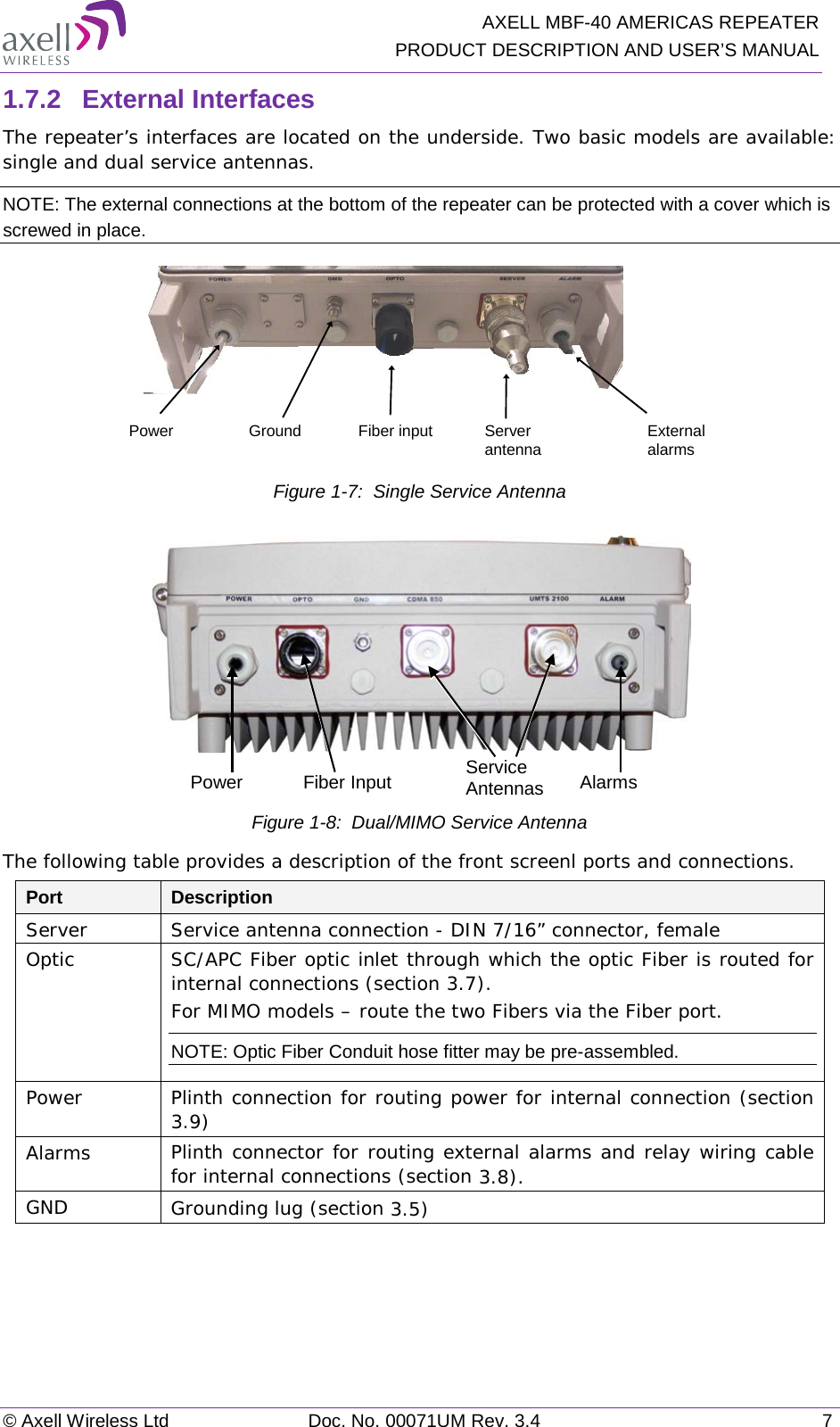   AXELL MBF-40 AMERICAS REPEATER PRODUCT DESCRIPTION AND USER’S MANUAL © Axell Wireless Ltd Doc. No. 00071UM Rev. 3.4  7 1.7.2  External Interfaces The repeater’s interfaces are located on the underside. Two basic models are available: single and dual service antennas. NOTE: The external connections at the bottom of the repeater can be protected with a cover which is screwed in place.  Figure  1-7:  Single Service Antenna    Figure  1-8:  Dual/MIMO Service Antenna The following table provides a description of the front screenl ports and connections. Port Description Server Service antenna connection - DIN 7/16” connector, female Optic SC/APC Fiber optic inlet through which the optic Fiber is routed for internal connections (section  3.7). For MIMO models – route the two Fibers via the Fiber port. NOTE: Optic Fiber Conduit hose fitter may be pre-assembled. Power Plinth connection for routing power for internal connection (section  3.9) Alarms Plinth connector for routing external alarms and relay wiring cable for internal connections (section  3.8). GND Grounding lug (section  3.5)   Power Fiber inputGround Server antenna External alarmsService Antennas Fiber Input Power Alarms 