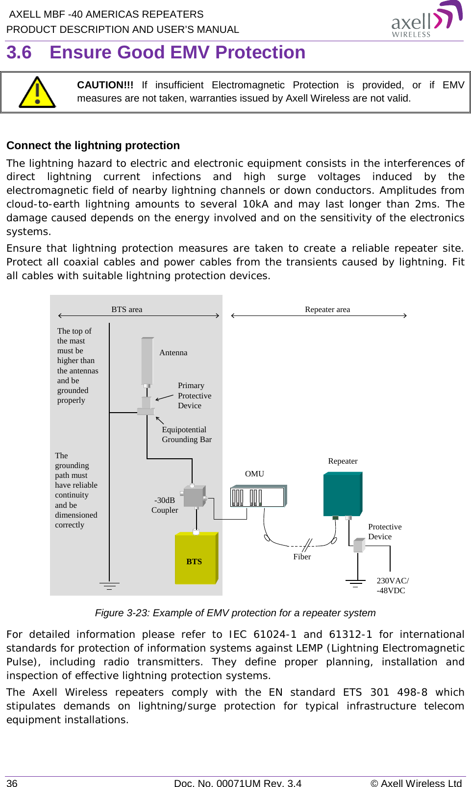  AXELL MBF -40 AMERICAS REPEATERS PRODUCT DESCRIPTION AND USER’S MANUAL 36 Doc. No. 00071UM Rev. 3.4 © Axell Wireless Ltd 3.6  Ensure Good EMV Protection  CAUTION!!!  If insufficient Electromagnetic Protection is provided, or if EMV measures are not taken, warranties issued by Axell Wireless are not valid.  Connect the lightning protection The lightning hazard to electric and electronic equipment consists in the interferences of direct lightning current infections and high surge voltages induced by the electromagnetic field of nearby lightning channels or down conductors. Amplitudes from cloud-to-earth lightning amounts to several 10kA and may last longer than 2ms. The damage caused depends on the energy involved and on the sensitivity of the electronics systems.  Ensure that lightning protection measures are taken to create a reliable repeater site. Protect all coaxial cables and power cables from the transients caused by lightning. Fit all cables with suitable lightning protection devices.  Figure  3-23: Example of EMV protection for a repeater system For detailed information please refer to IEC 61024-1 and 61312-1 for international standards for protection of information systems against LEMP (Lightning Electromagnetic Pulse), including radio transmitters. They define proper planning, installation and inspection of effective lightning protection systems.  The Axell Wireless repeaters comply with the EN standard ETS 301 498-8 which stipulates demands on lightning/surge protection for typical infrastructure telecom equipment installations.  RepeaterFiberBTS-30dB CouplerOMUAntennaPrimary Protective DeviceEquipotential Grounding Bar230VAC/-48VDCProtective DeviceThe top of the mast must be higher than the antennas and be grounded properlyThe grounding path must have reliable continuity and be dimensioned correctlyBTS area Repeater area