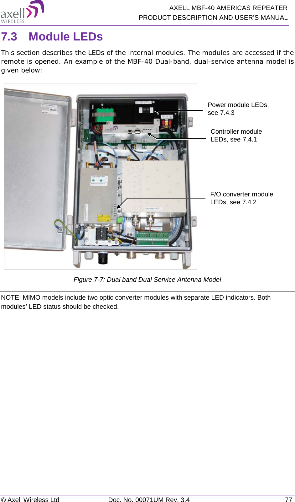   AXELL MBF-40 AMERICAS REPEATER PRODUCT DESCRIPTION AND USER’S MANUAL © Axell Wireless Ltd Doc. No. 00071UM Rev. 3.4 77 7.3  Module LEDs This section describes the LEDs of the internal modules. The modules are accessed if the remote is opened. An example of the MBF-40 Dual-band, dual-service antenna model is given below:    Figure  7-7: Dual band Dual Service Antenna Model NOTE: MIMO models include two optic converter modules with separate LED indicators. Both modules’ LED status should be checked.   F/O converter module LEDs, see  7.4.2 Controller module LEDs, see  7.4.1 Power module LEDs, see   7.4.3 