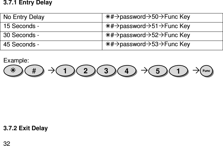  323.7.1 Entry Delay  No Entry Delay  #password50Func Key  15 Seconds -  #password51Func Key 30 Seconds -   #password52Func Key 45 Seconds -   #password53Func Key  Example:          3.7.2 Exit Delay  Func 1 5 4 3 2 1 #  