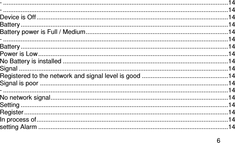  6 - ................................................................................................................................14 - ................................................................................................................................14 Device is Off .............................................................................................................14 Battery ......................................................................................................................14 Battery power is Full / Medium.................................................................................14 - ................................................................................................................................14 Battery ......................................................................................................................14 Power is Low ............................................................................................................14 No Battery is installed ..............................................................................................14 Signal .......................................................................................................................14 Registered to the network and signal level is good .................................................14 Signal is poor ...........................................................................................................14 - ................................................................................................................................14 No network signal.....................................................................................................14 Setting ......................................................................................................................14 Register ....................................................................................................................14 In process of.............................................................................................................14 setting Alarm ............................................................................................................14 