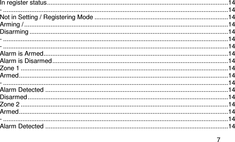  7 In register status.......................................................................................................14 - ................................................................................................................................14 Not in Setting / Registering Mode ............................................................................14 Arming / ....................................................................................................................14 Disarming .................................................................................................................14 - ................................................................................................................................14 - ................................................................................................................................14 Alarm is Armed.........................................................................................................14 Alarm is Disarmed....................................................................................................14 Zone 1 ......................................................................................................................14 Armed.......................................................................................................................14 - ................................................................................................................................14 Alarm Detected ........................................................................................................14 Disarmed..................................................................................................................14 Zone 2 ......................................................................................................................14 Armed.......................................................................................................................14 - ................................................................................................................................14 Alarm Detected ........................................................................................................14 