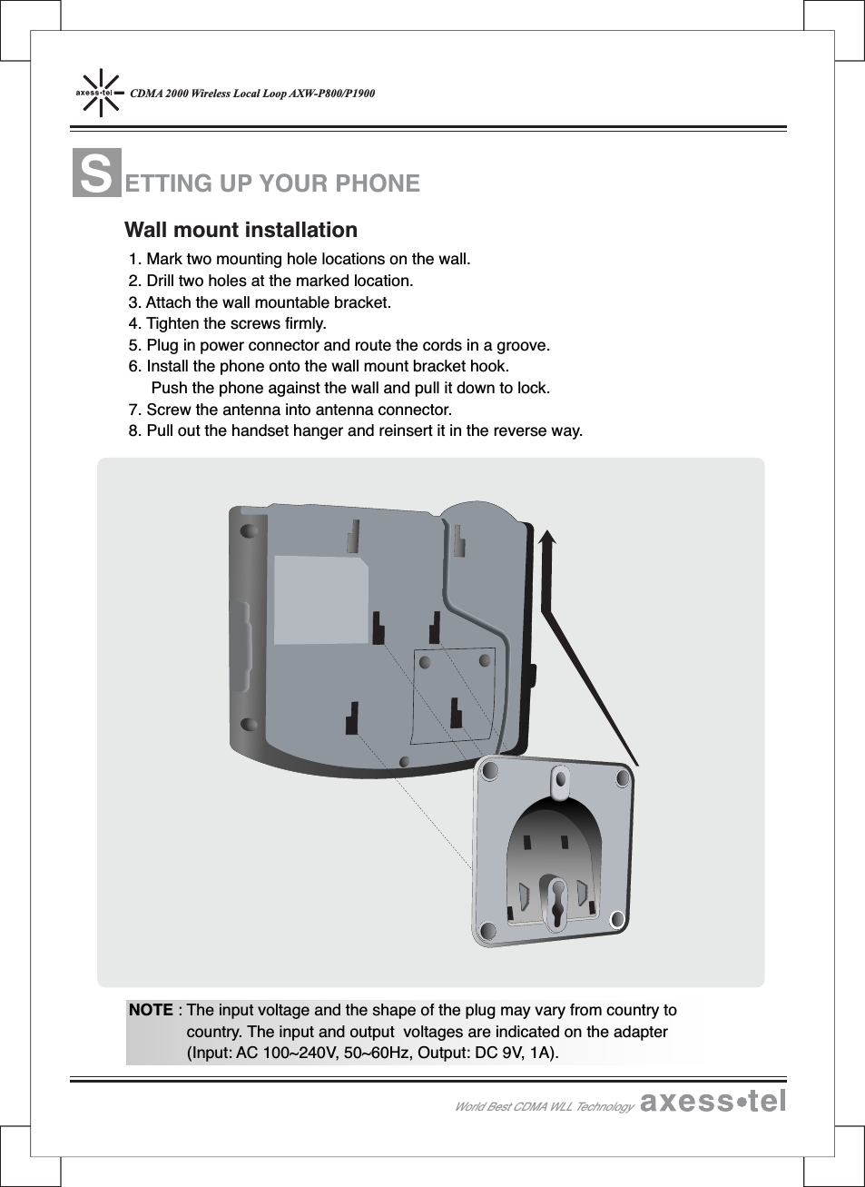 CDMA 2000 Wireless Local Loop AXW-P800/P19001. Mark two mounting hole locations on the wall.2. Drill two holes at the marked location.3. Attach the wall mountable bracket.4. Tighten the screws firmly.5. Plug in power connector and route the cords in a groove.6. Install the phone onto the wall mount bracket hook.Push the phone against the wall and pull it down to lock.7. Screw the antenna into antenna connector.8. Pull out the handset hanger and reinsert it in the reverse way.NOTE : The input voltage and the shape of the plug may vary from country tocountry. The input and output voltages are indicated on the adapter(Input: AC 100~240V, 50~60Hz, Output: DC 9V, 1A).ETTINGUPYOURPHONEWall mount installationWorld Best CDMA WLL TechnologyS