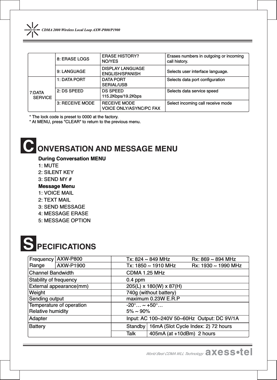 CDMA 2000 Wireless Local Loop AXW-P800/P1900World Best CDMA WLL Technology* The lock code is preset to 0000 at the factory.* At MENU, press &quot;CLEAR&quot; to return to the previous menu.During Conversation MENU1: MUTE2: SILENT KEY3: SEND MY #Message Menu1: VOICE MAIL2: TEXT MAIL3: SEND MESSAGE4: MESSAGE ERASE5: MESSAGE OPTION9: LANGUAGE DISPLAY LANGUAGEENGLISH/SPANISH Selects user interface language.8: ERASE LOGS ERASE HISTORY?NO/YESErases numbers in outgoing or incomingcall history.3: RECEIVE MODE RECEIVE MODEVOICE ONLY/ASYNC/PC FAXSelect incoming call receive mode1: DATA PORT DATA PORTSERIAL/USBSelects data port configuration2: DS SPEED DS SPEED115.2Kbps/19.2KbpsSelects data service speed7:DATASERVICEAXW-P800AXW-P1900 Tx: 1850 ~ 1910 MHz Rx: 1930 ~ 1990 MHzChannel Bandwidth CDMA 1.25 MHzStability of frequency 0.4 ppmExternal appearance(mm) 205(L) x 180(W) x 87(H)Weight 740g (without battery)Sending output maximum 0.23W E.R.PAdapter Input: AC 100~240V 50~60Hz Output: DC 9V/1ABattery Standby 16mA (Slot Cycle Index: 2) 72 hoursTalk 405mA (at +10dBm) 2 hoursTemperature of operationRelative humidity-20°… ~ +50°…5% ~ 90%Tx: 824 ~ 849 MHz Rx: 869 ~ 894 MHzFrequencyRangeONVERSATION AND MESSAGE MENUCPECIFICATIONSS