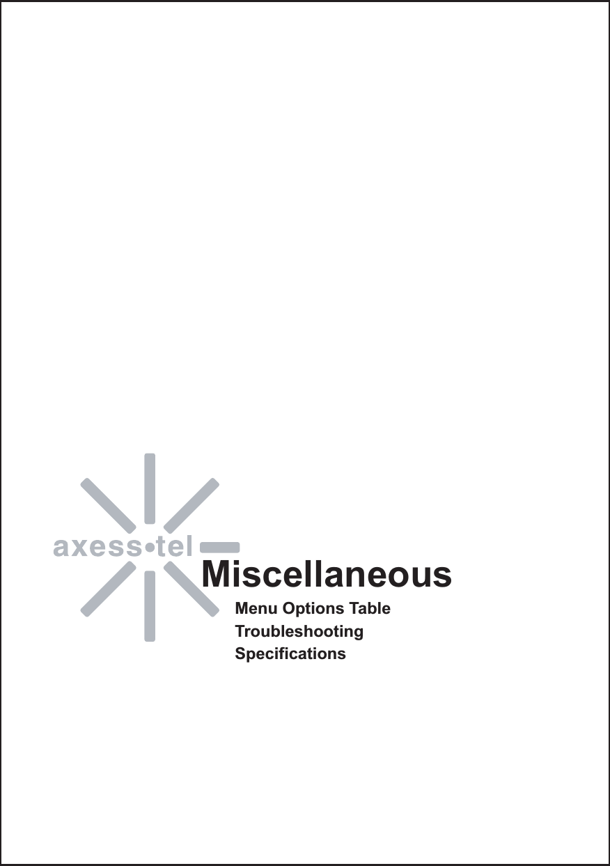 MiscellaneousMenu Options TableTroubleshootingSpecifications