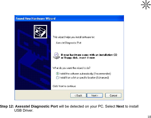                                                                                       18                       Step 12: Axesstel Diagnostic Port will be detected on your PC. Select Next to install  USB Driver. 