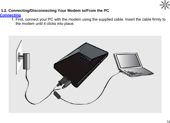                                                                                       31 1.2. Connecting/Disconnecting Your Modem to/From the PC  Connecting 1. First, connect your PC with the modem using the supplied cable. Insert the cable firmly to     the modem until it clicks into place.                       