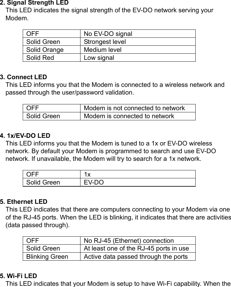    2. Signal Strength LED This LED indicates the signal strength of the EV-DO network serving your Modem.   OFF  No EV-DO signal Solid Green  Strongest level Solid Orange  Medium level Solid Red  Low signal  3. Connect LED This LED informs you that the Modem is connected to a wireless network and passed through the user/password validation.    OFF  Modem is not connected to network Solid Green  Modem is connected to network  4. 1x/EV-DO LED This LED informs you that the Modem is tuned to a 1x or EV-DO wireless network. By default your Modem is programmed to search and use EV-DO network. If unavailable, the Modem will try to search for a 1x network.    OFF 1x Solid Green  EV-DO  5. Ethernet LED This LED indicates that there are computers connecting to your Modem via one of the RJ-45 ports. When the LED is blinking, it indicates that there are activities (data passed through).    OFF  No RJ-45 (Ethernet) connection Solid Green  At least one of the RJ-45 ports in use Blinking Green  Active data passed through the ports  5. Wi-Fi LED This LED indicates that your Modem is setup to have Wi-Fi capability. When the 