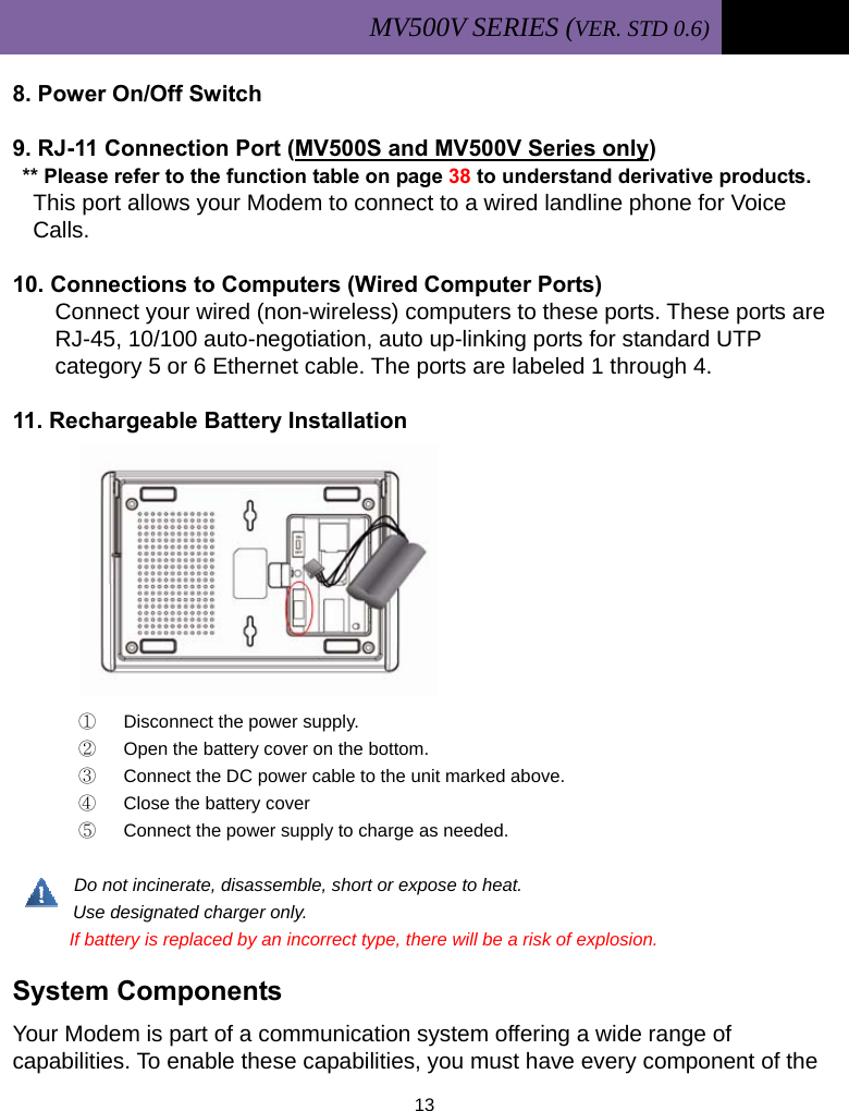 MV500V SERIES (VER. STD 0.6)   13  8. Power On/Off Switch    9. RJ-11 Connection Port (MV500S and MV500V Series only)    ** Please refer to the function table on page 38 to understand derivative products.   This port allows your Modem to connect to a wired landline phone for Voice Calls.  10. Connections to Computers (Wired Computer Ports) Connect your wired (non-wireless) computers to these ports. These ports are       RJ-45, 10/100 auto-negotiation, auto up-linking ports for standard UTP  category 5 or 6 Ethernet cable. The ports are labeled 1 through 4.  11. Rechargeable Battery Installation             ①  Disconnect the power supply. ②  Open the battery cover on the bottom.     ③  Connect the DC power cable to the unit marked above. ④  Close the battery cover ⑤  Connect the power supply to charge as needed.            Do not incinerate, disassemble, short or expose to heat.        Use designated charger only.         If battery is replaced by an incorrect type, there will be a risk of explosion.           System Components Your Modem is part of a communication system offering a wide range of capabilities. To enable these capabilities, you must have every component of the 