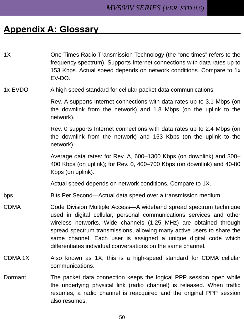 MV500V SERIES (VER. STD 0.6)   50  Appendix A: Glossary                                  1X    One Times Radio Transmission Technology (the “one times” refers to the frequency spectrum). Supports Internet connections with data rates up to 153 Kbps. Actual speed depends on network conditions. Compare to 1x EV-DO. 1x-EVDO          A high speed standard for cellular packet data communications. Rev. A supports Internet connections with data rates up to 3.1 Mbps (on the downlink from the network) and 1.8 Mbps (on the uplink to the network). Rev. 0 supports Internet connections with data rates up to 2.4 Mbps (on the downlink from the network) and 153 Kbps (on the uplink to the network).  Average data rates: for Rev. A, 600–1300 Kbps (on downlink) and 300–400 Kbps (on uplink); for Rev. 0, 400–700 Kbps (on downlink) and 40-80 Kbps (on uplink).  Actual speed depends on network conditions. Compare to 1X. bps   Bits Per Second—Actual data speed over a transmission medium.   CDMA   Code Division Multiple Access—A wideband spread spectrum technique used in digital cellular, personal communications services and other wireless networks. Wide channels (1.25 MHz) are obtained through spread spectrum transmissions, allowing many active users to share the same channel. Each user is assigned a unique digital code which differentiates individual conversations on the same channel.   CDMA 1X   Also known as 1X, this is a high-speed standard for CDMA cellular communications.  Dormant   The packet data connection keeps the logical PPP session open while the underlying physical link (radio channel) is released. When traffic resumes, a radio channel is reacquired and the original PPP session also resumes. 