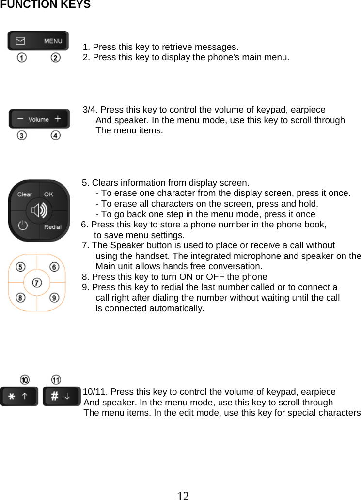  12   FUNCTION KEYS    1. Press this key to retrieve messages. 2. Press this key to display the phone&apos;s main menu.     3/4. Press this key to control the volume of keypad, earpiece                                  And speaker. In the menu mode, use this key to scroll through                                  The menu items.      5. Clears information from display screen.                                  - To erase one character from the display screen, press it once.                                  - To erase all characters on the screen, press and hold.                                  - To go back one step in the menu mode, press it once                                 6. Press this key to store a phone number in the phone book,  to save menu settings. 7. The Speaker button is used to place or receive a call without                                  using the handset. The integrated microphone and speaker on the                                  Main unit allows hands free conversation. 8. Press this key to turn ON or OFF the phone 9. Press this key to redial the last number called or to connect a                                  call right after dialing the number without waiting until the call                                  is connected automatically.         10/11. Press this key to control the volume of keypad, earpiece                                  And speaker. In the menu mode, use this key to scroll through                                  The menu items. In the edit mode, use this key for special characters   