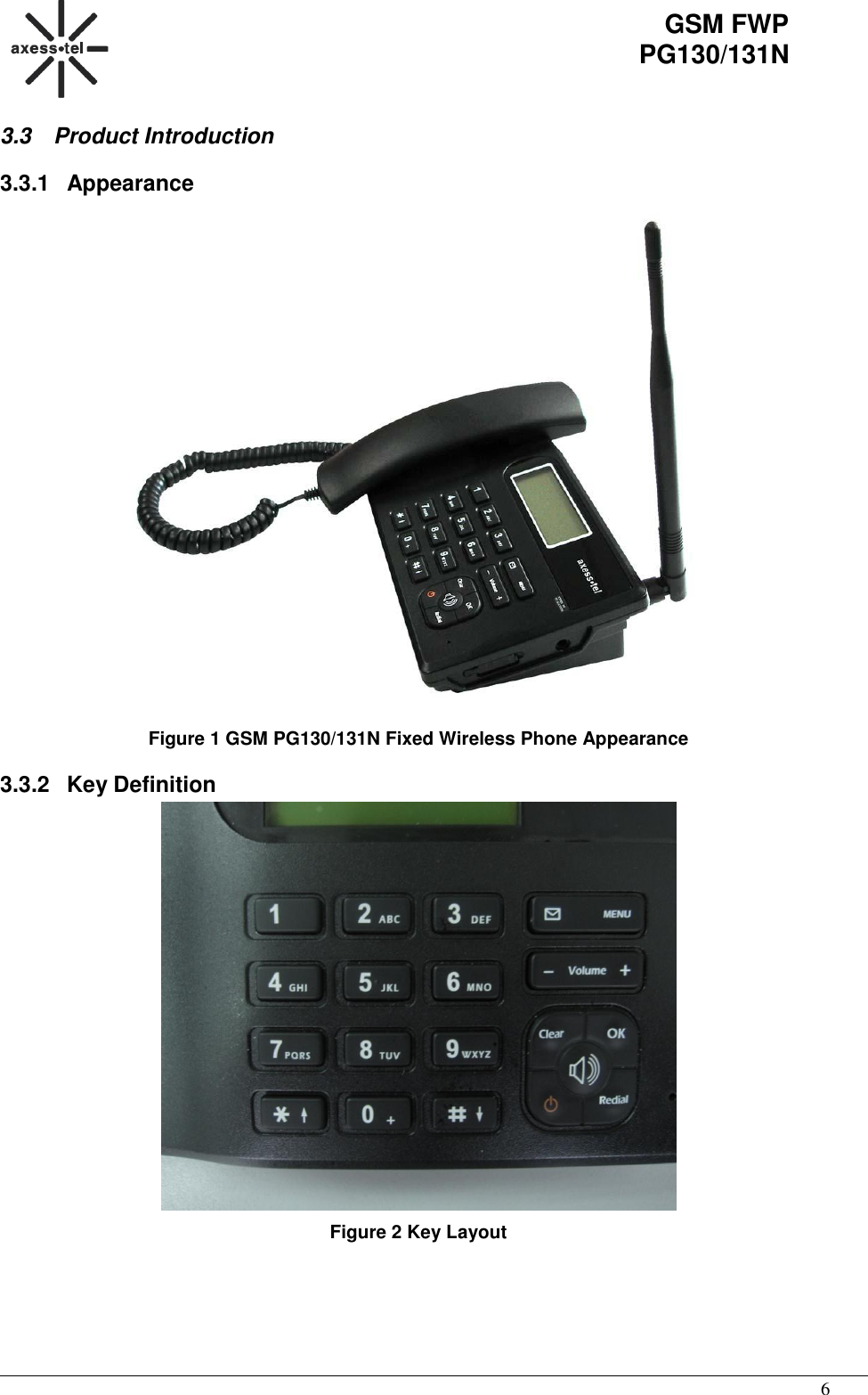                                                                                                     6 GSM FWP PG130/131N 3.3  Product Introduction 3.3.1  Appearance  Figure 1 GSM PG130/131N Fixed Wireless Phone Appearance 3.3.2  Key Definition  Figure 2 Key Layout     