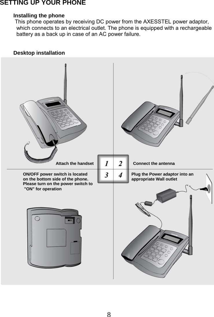  8Connect the antenna   Attach the handsetON/OFF power switch is located  on the bottom side of the phone.      Please turn on the power switch to   &quot;ON&quot; for operation  Plug the Power adaptor into an appropriate Wall outlet  SETTING UP YOUR PHONE                       Installing the phone            This phone operates by receiving DC power from the AXESSTEL power adaptor,             which connects to an electrical outlet. The phone is equipped with a rechargeable             battery as a back up in case of an AC power failure.             Desktop installation                                       