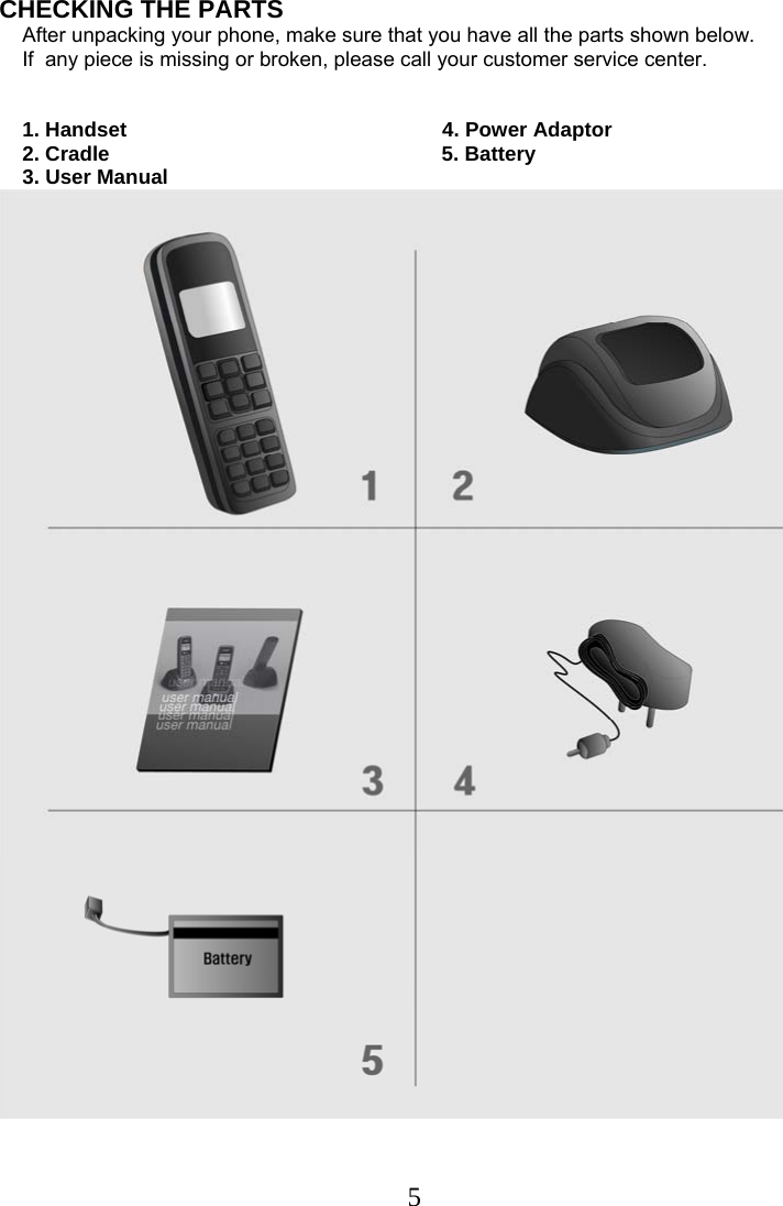  5CHECKING THE PARTS      After unpacking your phone, make sure that you have all the parts shown below.     If  any piece is missing or broken, please call your customer service center.        1. Handset                                                       4. Power Adaptor      2. Cradle                                                          5. Battery     3. User Manual   