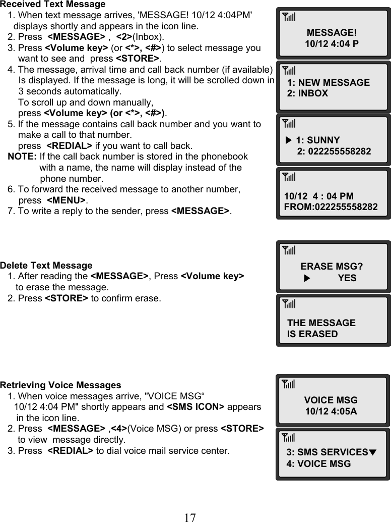  17MESSAGE! 10/12 4:04 P 1: NEW MESSAGE 2: INBOX ▶ 1: SUNNY      2: 022255558282 10/12  4 : 04 PM FROM:022255558282 ERASE MSG?        ▶          YES THE MESSAGE IS ERASED VOICE MSG 10/12 4:05A 3: SMS SERVICES▼ 4: VOICE MSG    Received Text Message    1. When text message arrives, &apos;MESSAGE! 10/12 4:04PM&apos;  displays shortly and appears in the icon line.    2. Press  &lt;MESSAGE&gt; ,  &lt;2&gt;(Inbox).    3. Press &lt;Volume key&gt; (or &lt;*&gt;, &lt;#&gt;) to select message you  want to see and  press &lt;STORE&gt;.    4. The message, arrival time and call back number (if available) Is displayed. If the message is long, it will be scrolled down in  3 seconds automatically.        To scroll up and down manually,  press &lt;Volume key&gt; (or &lt;*&gt;, &lt;#&gt;).    5. If the message contains call back number and you want to  make a call to that number.        press  &lt;REDIAL&gt; if you want to call back.    NOTE: If the call back number is stored in the phonebook  with a name, the name will display instead of the  phone number.    6. To forward the received message to another number,  press  &lt;MENU&gt;.    7. To write a reply to the sender, press &lt;MESSAGE&gt;.     Delete Text Message    1. After reading the &lt;MESSAGE&gt;, Press &lt;Volume key&gt;  to erase the message.    2. Press &lt;STORE&gt; to confirm erase.        Retrieving Voice Messages    1. When voice messages arrive, &quot;VOICE MSG“  10/12 4:04 PM&quot; shortly appears and &lt;SMS ICON&gt; appears  in the icon line.    2. Press  &lt;MESSAGE&gt; ,&lt;4&gt;(Voice MSG) or press &lt;STORE&gt;  to view  message directly.    3. Press  &lt;REDIAL&gt; to dial voice mail service center.  